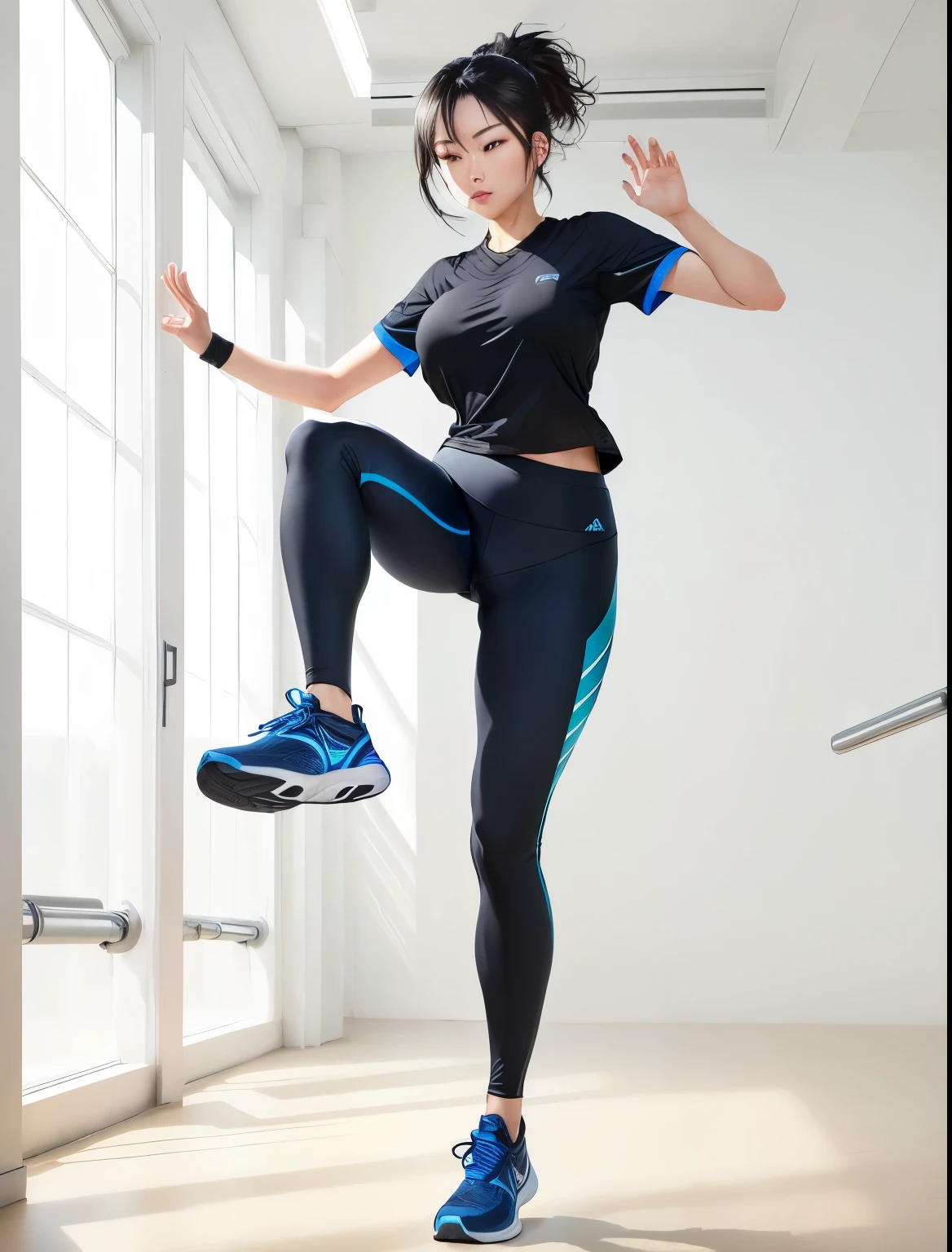 arafed woman in blue leggings and a black shirt, leggings, Sportswear, leggings, 淡粉色Sportswear, Tights, Tights, Sports Fashion Photography, Official product photos, full body dynamic poses, Sophisticated design, dynamic active running pose, picture, Dynamic movement poses, tension, Wearing fitness gear, model posing, Cute sportswear, Full body action poses