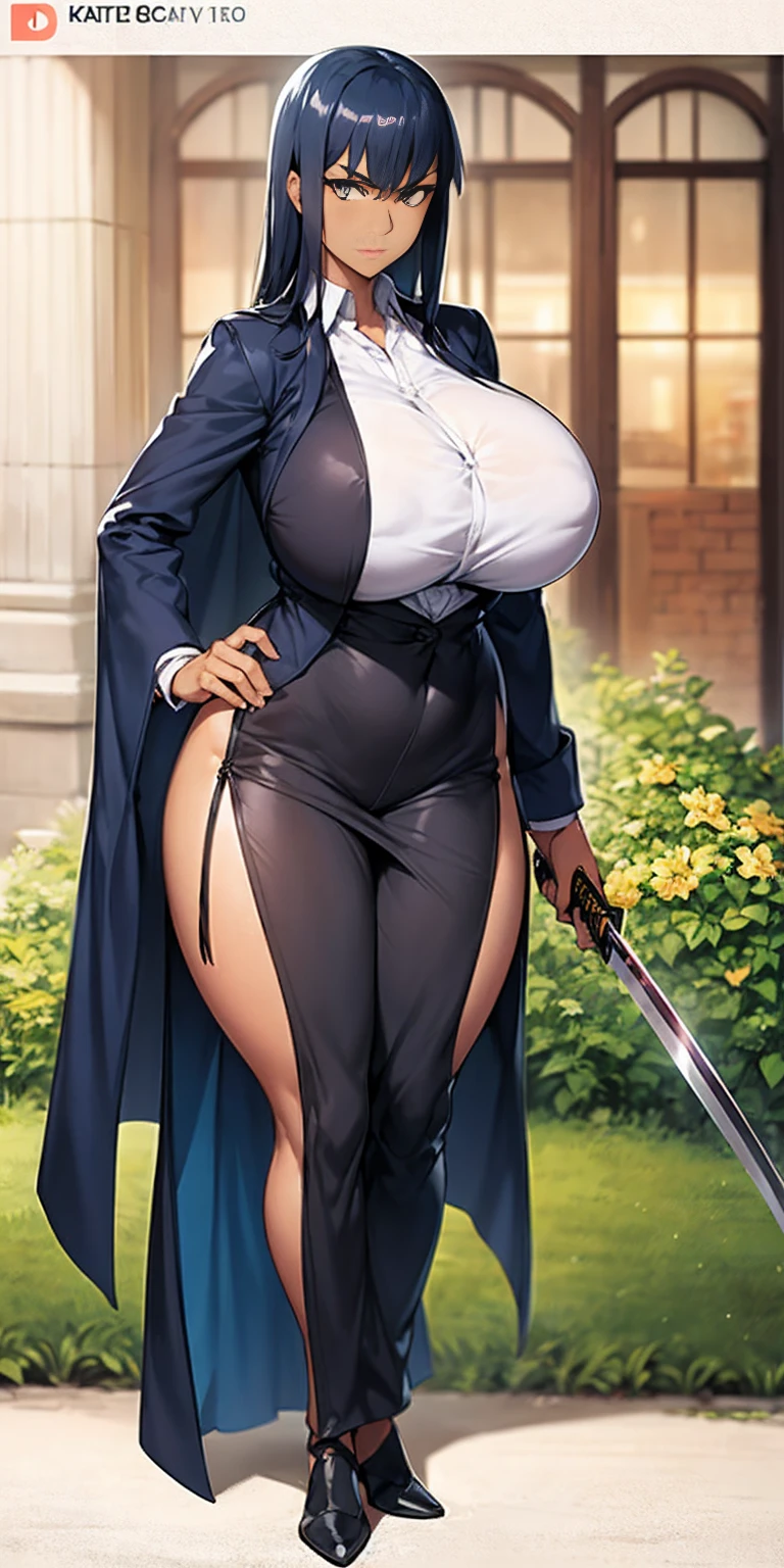 Satsuki Kiryuin from Kill-la-Kill, big breasts, voluminous breasts, curvy breasts, mesh stockings, standing with a katana, full height, bottom view, best quality, very detailed, ultra 8k resolution, huge breast, coat , vest, long skirt, portrait, full body, Victoria's clothing, long dress, knight, pants, black skin suit, medieval city, plants, vest, polo shirt, forest, long skirt