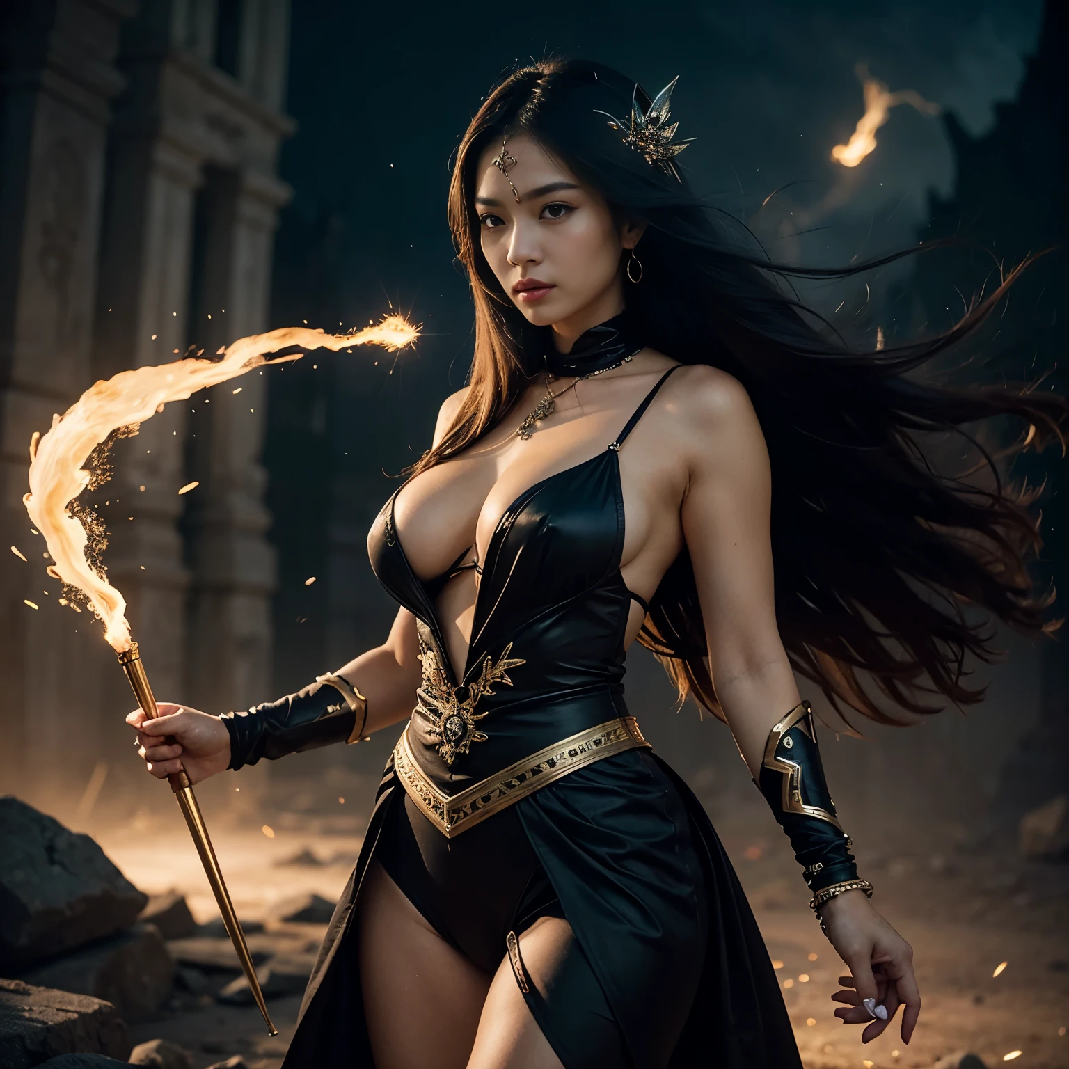 一人のlikeく非常に美しい女性、Beautiful Face、Ideal proportions、Big Breasts(Big Breasts:1.1)、Powerful sorceress、Legendary magician、like々Beautiful appearance、SF、Fantasy、A fusion of advanced technology and magic、Future and Tradition、Stylish clothing that combines tradition and innovation、Cast powerful spells and enchantments。 (highest quality、4k、8k、High resolution、masterpiece:1.2)、Super detailed、(Real、Photorealistic、Photorealistic:1.37)、HDR、UHD、Professional Lighting、Bright colors、Sharp focus、Breathtaking scenic backdrop、Magical Aura、Glowing energy、Captivating Sparks、Swirling particles、High-tech magic wand、Glowing Rune、Intense visual effects、Otherworldly atmosphere、Ethereal beauty