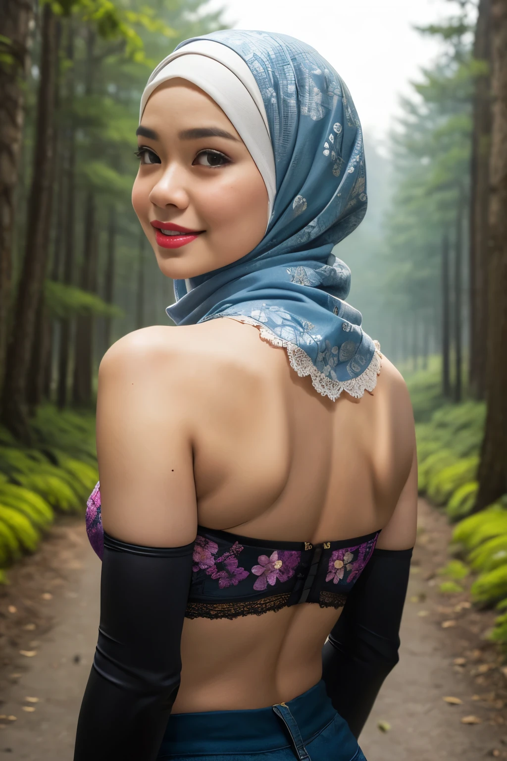 Lace, (Happy smile), (((HIJAB MALAY GIRL))), masutepiece, High quality, UHD 32K, Realistic face, Realistic skin feeling , A Japanese Lady, 8 , , Very cute and baby-like face, (((FLAT CHEST))), (Night time at forest), ((look In front  at the camera and SADNESS)), (((FLUORESCENCE))), (((CUTE GIRL))), ((YELLOW LIPS)), ((Floral Pattern)) little wearing strapless bra, strapless colorful bra, dark night horror scary place (from behind up) seductive pose