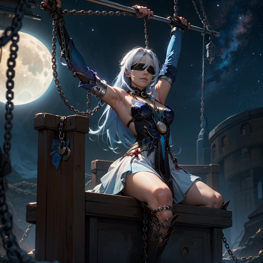 masterpiece, best quality, JingliuV5, 1girl, solo, gloves, gloves, dress, bare shoulders, closed mouth, boots, sky, black gloves, black footwear, blindfold, night sky, full moon, elbow gloves, armpits, arms up, ((chain, bound, restrained:1.3)), sitting, wariza, night, starry sky, sky, cowboy shot, view from below, far shot