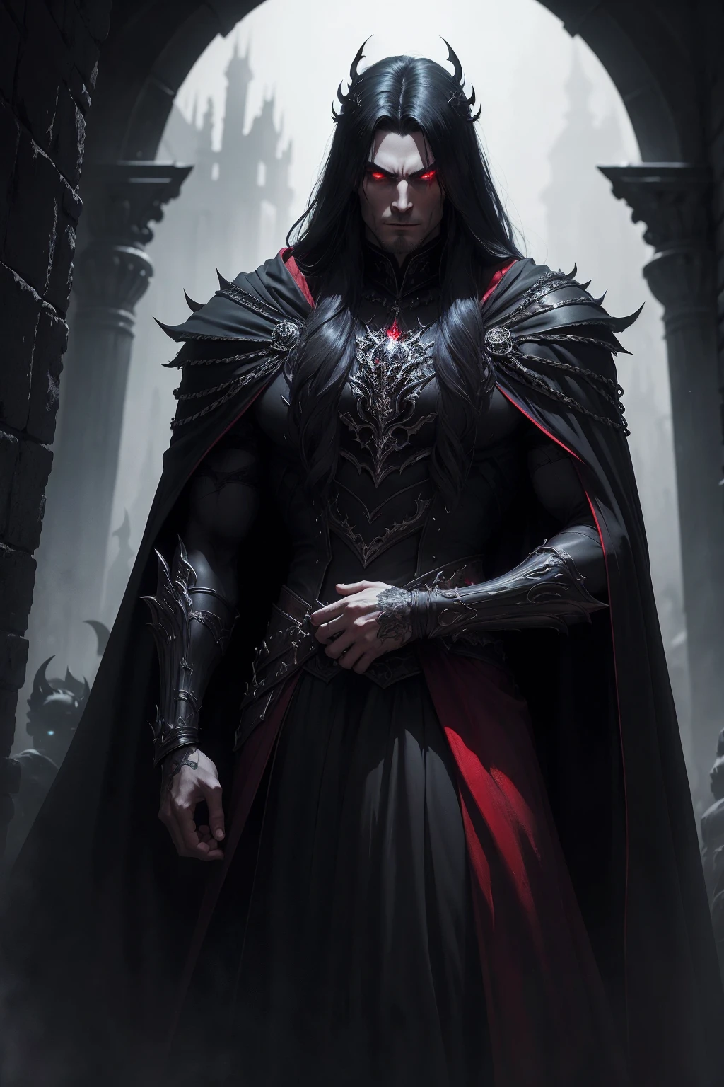 a dark muscular male evil lord, long flowing black hair, black and red cloak, piercing red eyes, menacing expression, powerful aura, standing in a dimly lit chamber,, casting eerie shadows, , adorned with intricate details, with a sinister grin, exuding an aura of darkness, with an intimidating presence, in a gothic castle, with imposing architecture, shrouded in mist, under a blood-red moon, with a storm brewing in the background, creating a foreboding atmosphere, reminiscent of a dark fantasy novel cover, with a dramatic lighting, emphasizing the contrast between light and shadow, evoking a sense of mystery and danger, with a touch of supernatural elements and captivating artistry." no horns