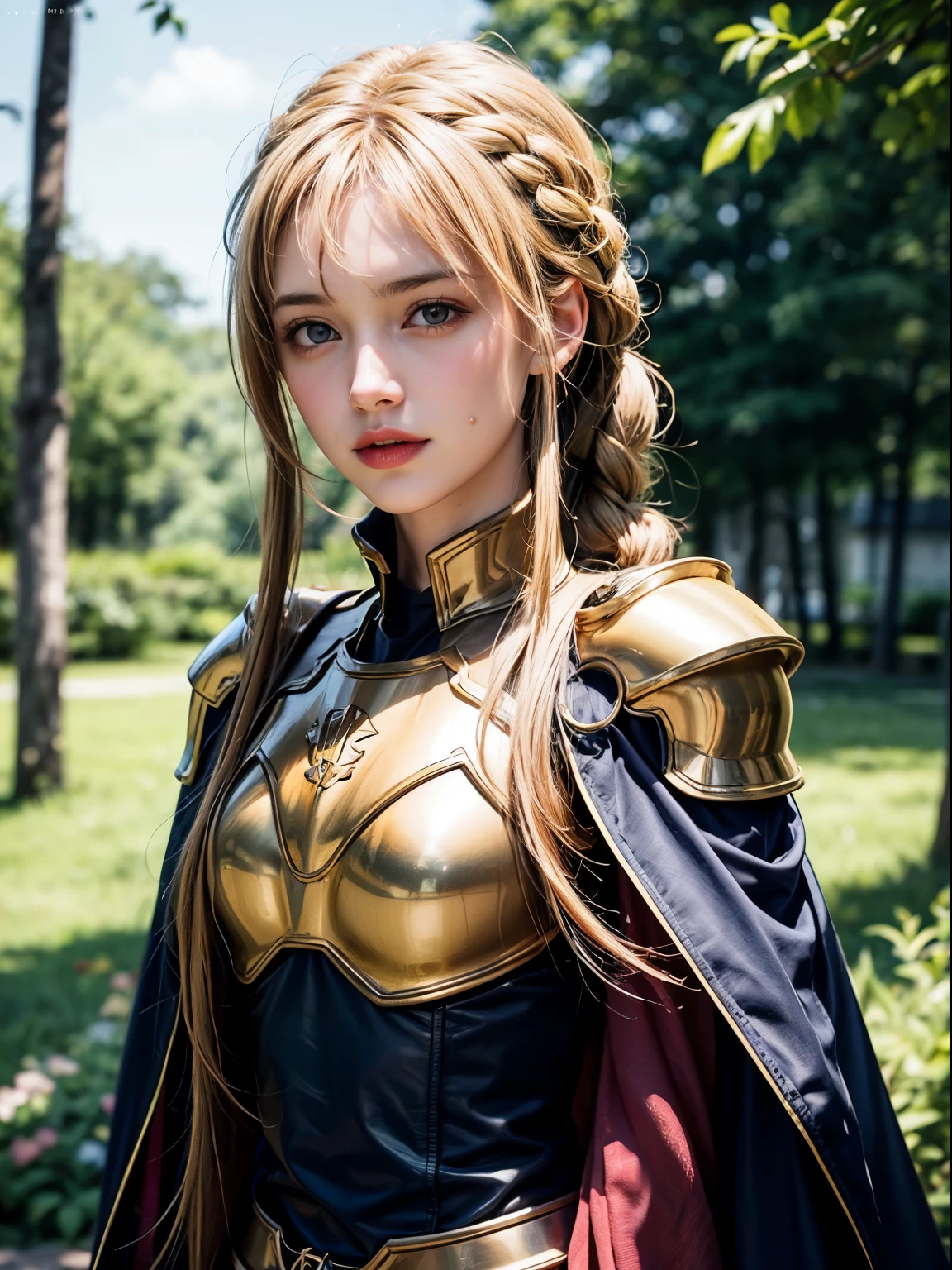 Alicesburg, Alice Zuberg, bangs, blue eyes, Blonde, Hair between the eyes, Very long hair, Braiding, Hair ties, white Hair ties,, break dress, Cape, armor, Blue clothes, shoulder armor, Gauntlet, Cane , breastplate, armored dress, defect, blue Cape, knight, gold armor, body armor,, break outside, forest, break looking at viewer, break (artwork:1.2), highest quality, High resolution, unity wallpaper 8k, (figure:0.8), (Beautiful fine details:1.6), Very detailedな顔, Perfect lighting, Very detailedなCG, (Perfect hands, Perfect Anatomy), （8K，RAW Photos），（Best Quality），（Masterpiece Loose），（Realistic，）（写実的でRealistic），（High resolution），Hyper Detail，（Gentel Realism：1.1），Beautiful Face， （1 Female：1.1），High resolution), (8k), (Very detailed), (4K), (Pixiv), Perfect Face, Beautiful eyes and face, (highest quality), (Very detailed), Detailed face and eyes, (alone), Textured skin, Absurd, High resolution,

