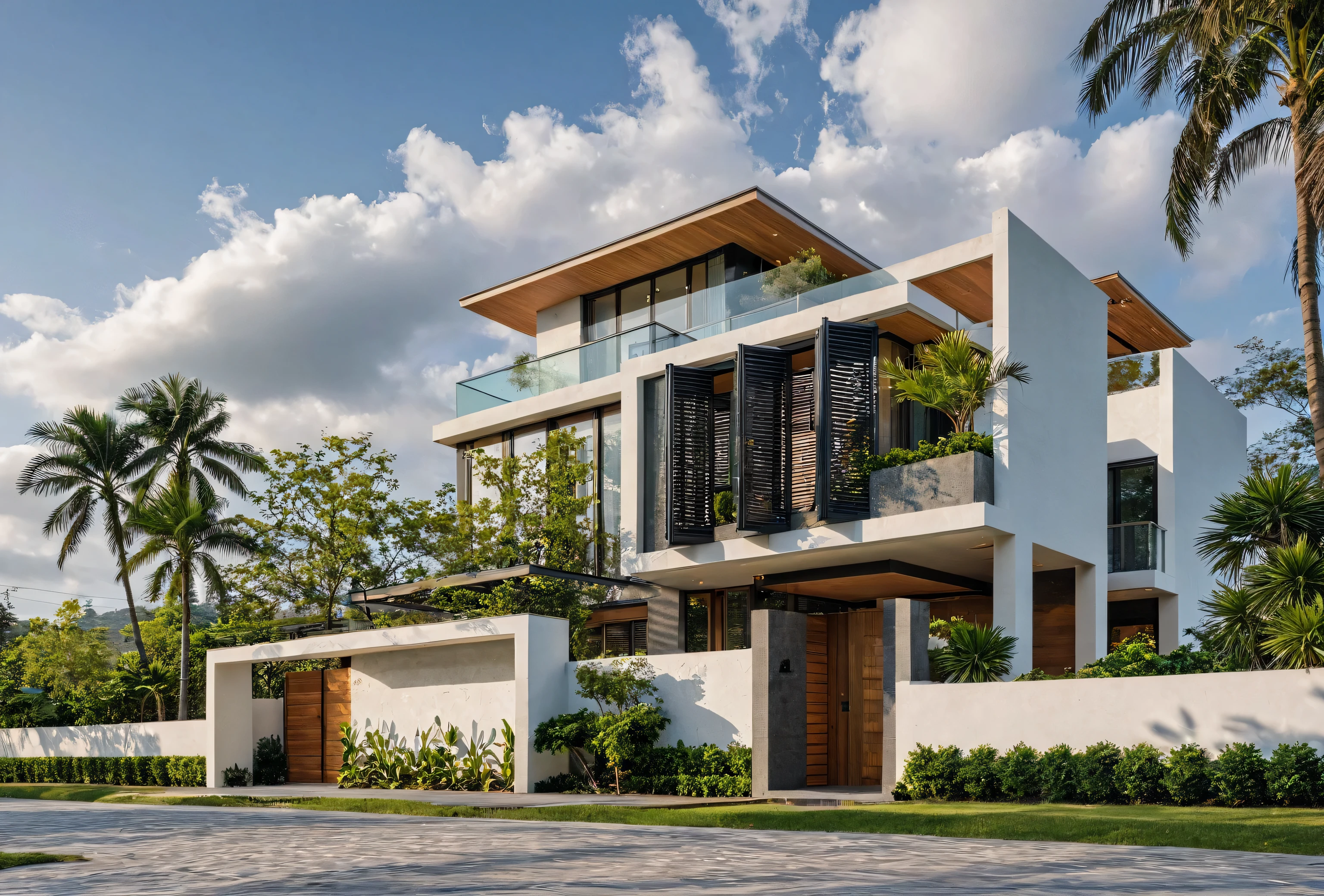 Masterpiece, high quality, best quality, authentic, super detail, outdoors, onestoreyvillaXL, aiaigroup, house style modern on the street ,stairs, white wall ,road,pavement, grass, trees, sky, cloud, (daylight:1.1)
