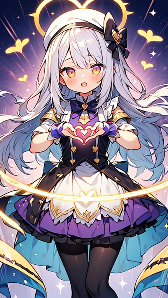 beautiful anime style,ultra hyper cute shota,magical beret with ribbon,frilly magical girl dress,silverish purple long hair,(golden eyes),hyper beautiful effect,suspender skirt,black pantyhose,boy body and girl face,magical young shota,
((halo,glowing heart-shaped halo)),