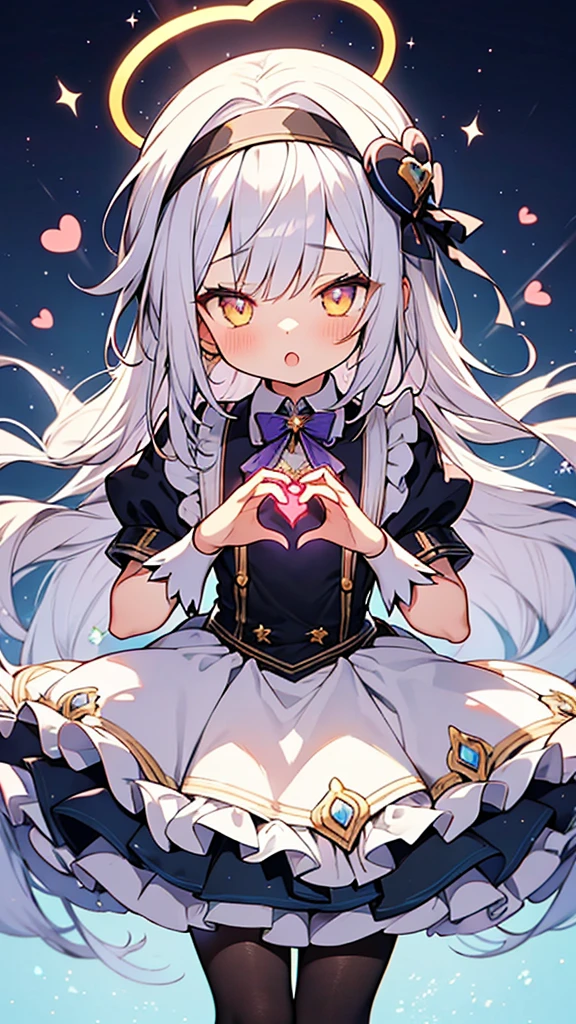 beautiful anime style,ultra hyper cute shota,magical beret with ribbon,frilly magical girl dress,silverish purple long hair,(golden eyes),hyper beautiful effect,suspender skirt,black pantyhose,boy body and girl face,magical young shota,
((halo,glowing heart-shaped halo)),