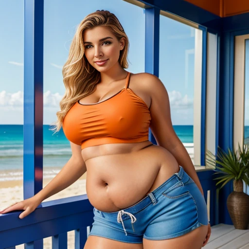 Foto hiperrealista en primer plano de Emily Sears , masterpiece, best quality, (photorealistic:1.4), full body, (gloss orange luxury crop top:1.2) and (blue shorts:1.2), sandals, on the front porch of beach house, summer day, cinematic light, beautiful woman, skinny, large big breasts, straight blond hair, detailed face, smile, facing the camera, photo taken from a distance, age of 20 years old, full person, curvy body, plump body, huge big ass, thick body, curvy body type, voluptuous body type, busty body type, thick body type, big chest, big