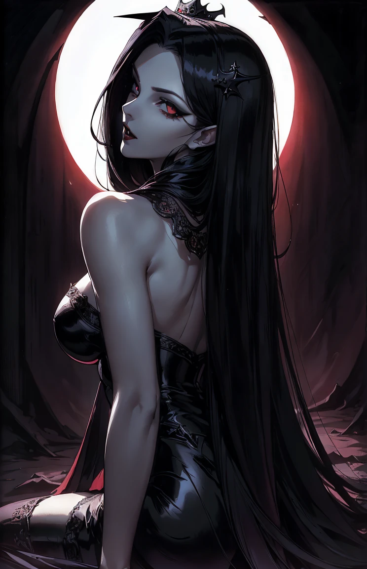 absurdres, ((stunning female Vampire))), goth Renaissance, (long black hair:1.erfect and detailed angular sharp oval shaped face, ((redeyes)), jewelry, red and black tetradic colors, full lips, gothic castle background, (solo), perfect anatomy, approaching perfection, ethereal, intricate details, ultra-high definition, 12k resolution, goth aesthetic, smooth, sharp focus, dreamy, glowing, backlit, glamour, glimmer, fantastical, shadows, smooth, Gothic crown, sitting on the ground, backwards, looking back