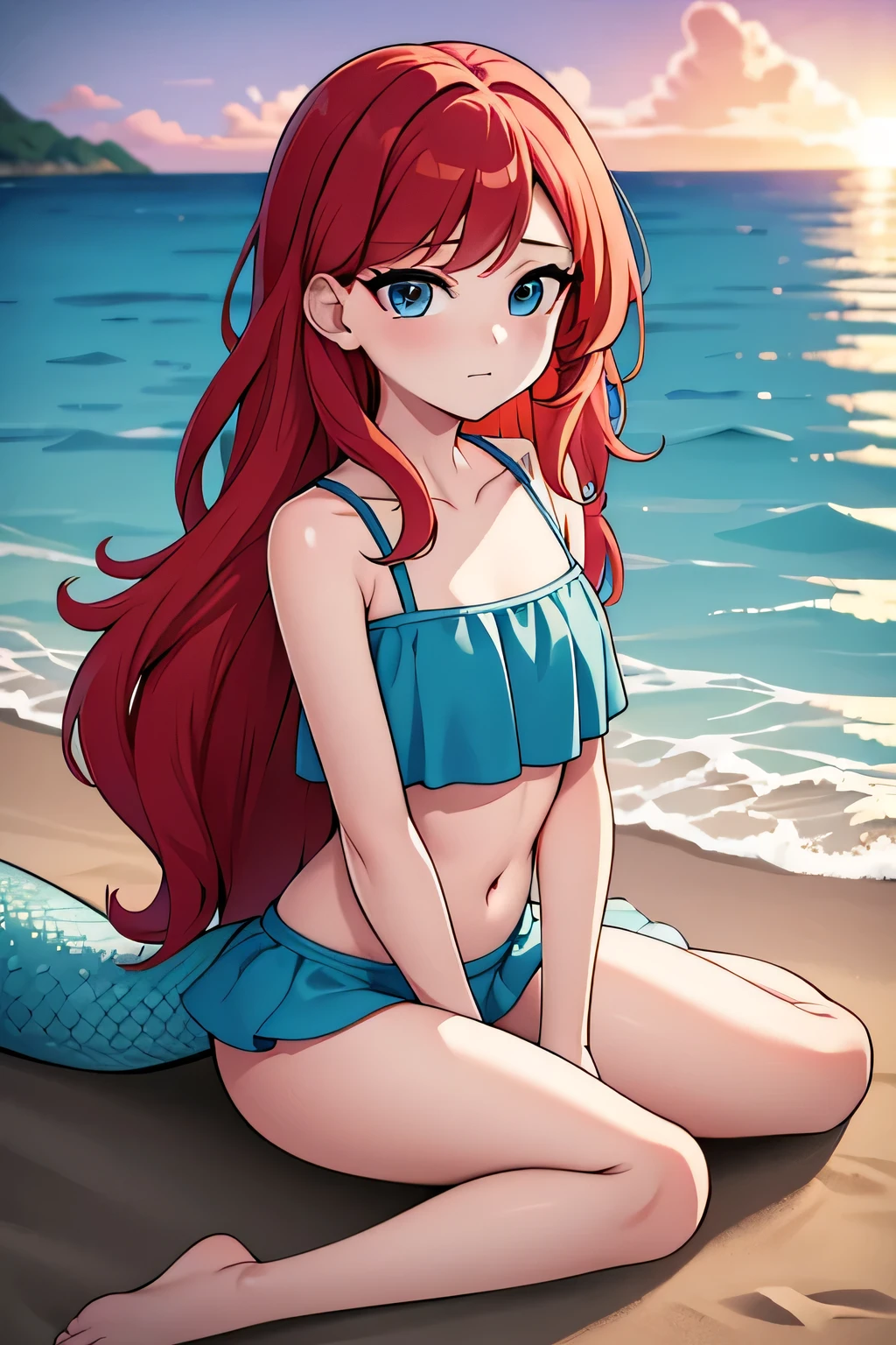 ruby 1 girl, Teenage, Long Red hair, Medium Hair, Blue eyes, bare shoulders, medium breast, aqua ruffle crop top, mermaid tail, scales on the mermaid’s tail, mermaid sitting on the beach, over the sea, beautiful purple sunset at beach, Sexy, masterpiece, High quality. 2D illustration, 2D flat, sit down, Masterpiece, 8K, HDR, portrait,