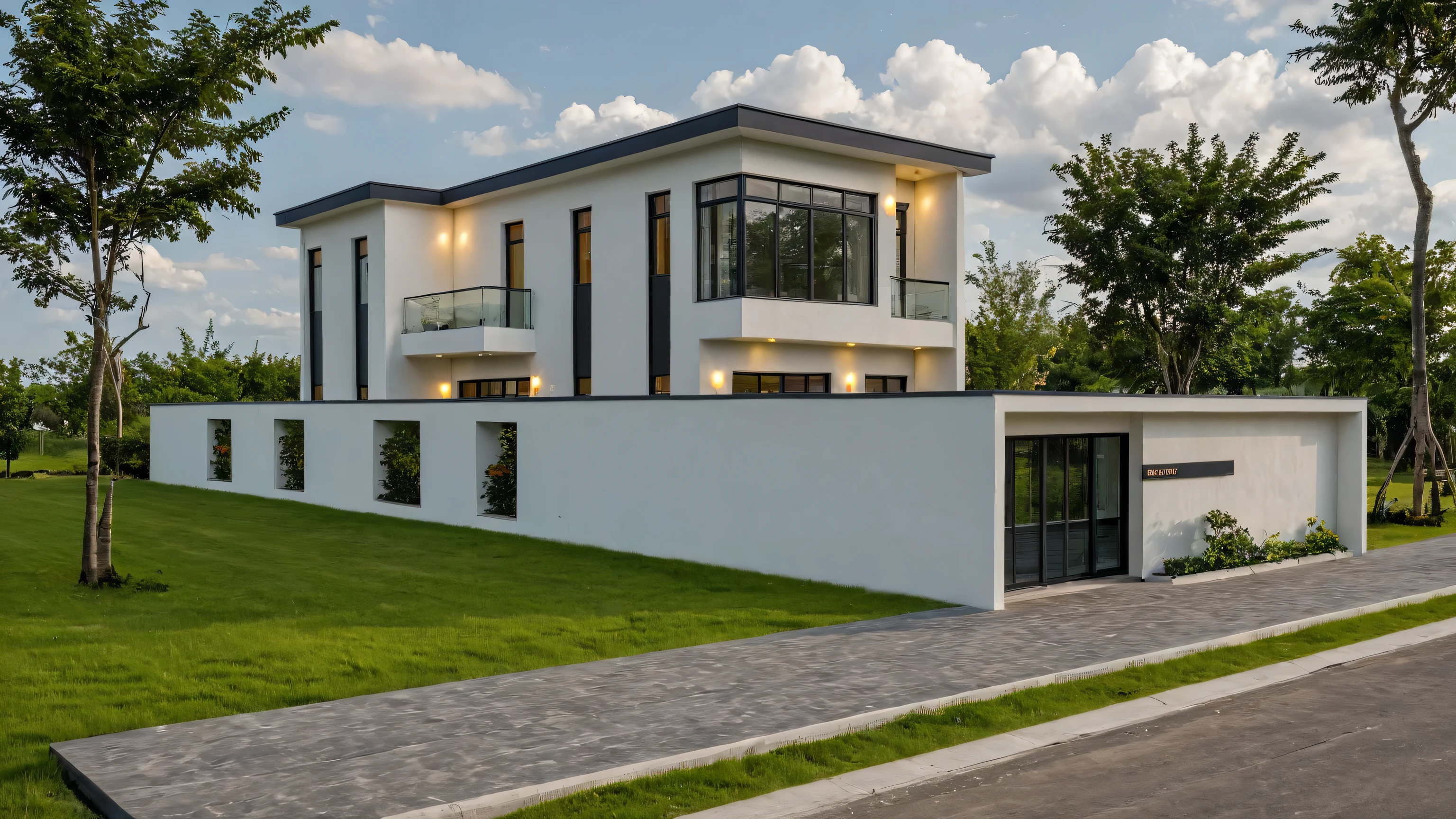 raw photo, Masterpiece, high quality, best quality, authentic, super detail, outdoors, onestoreyvillaXL, aiaigroup, house style modern on the street ,stairs, white wall ,road,pavement, grass, trees, sky, cloud, (daylight:1.1)