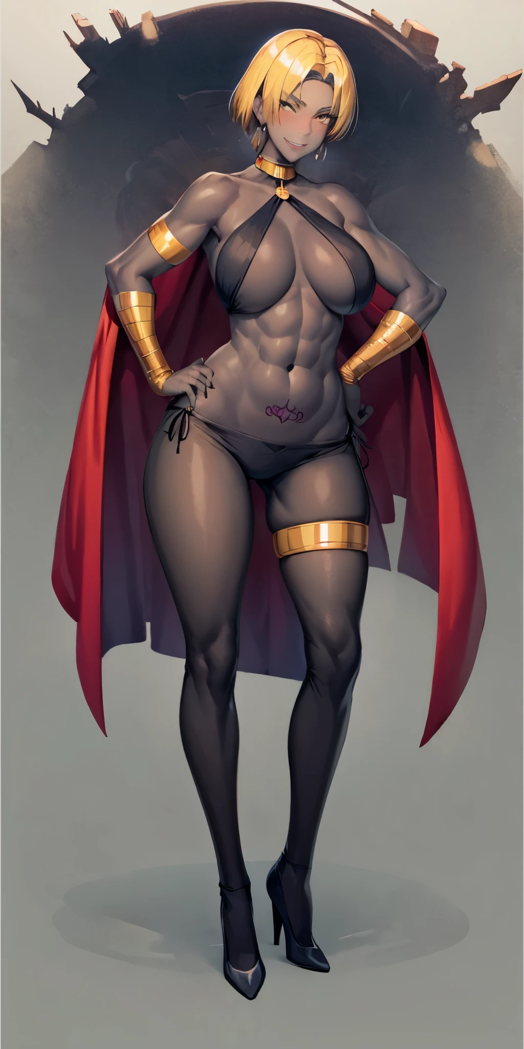 Two long thighs, yellow eyes, blonde hair, short hair, large breasts, detached sleeves, very white background, royal tiara, long cape, yellow tiger bikini, high heels, hands on hips. red tattoo on belly navel, full body female MILF BIMBO, lustful smirking smile face (red blush), metal shoulders, golden bracers sleeveless, black choker sex slave