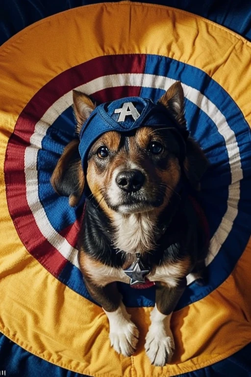 desenho em cores vibrantes de uma mandala simples e fofa baseada em um cachorro captain america