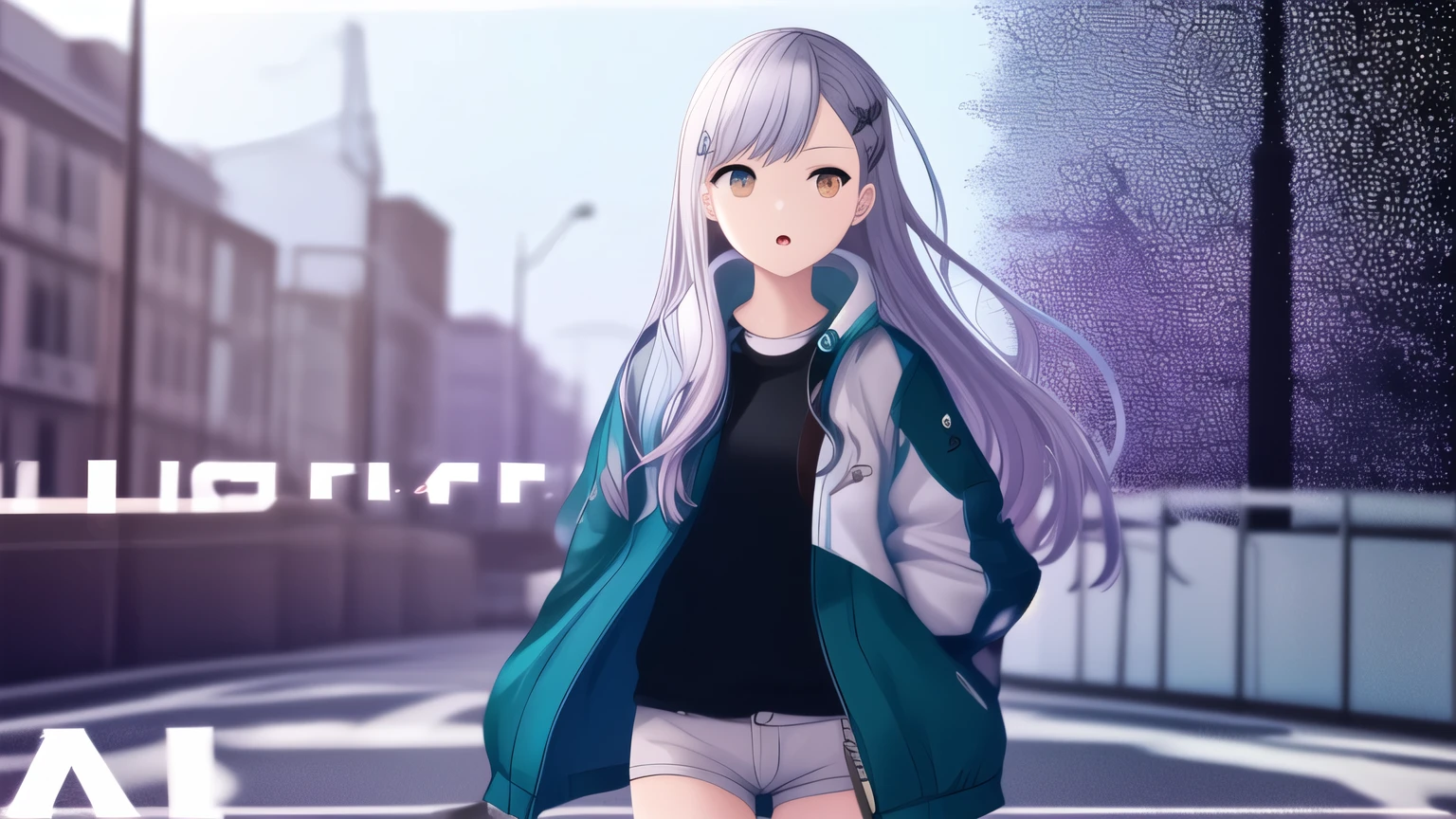 one person、Blue Eyeasterpiece, highest quality, High resolution, Aah!, long hair, silver hair, Gradient Hair, hair ornament, orange eyes, headphones around neck, Black Shirt, Jacket, open Jacket, long sleeves, short shorts, white shorts, hands in pocket, :o, walking, road, cowboy shot,