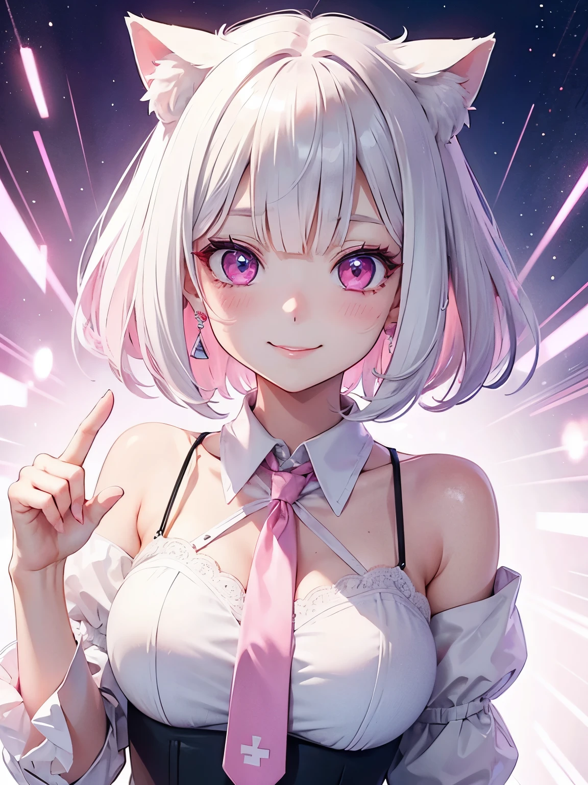 White hair. Short hair. Inner pink hair. Anime girl. Pink eyes. Glowing eyes. Nekomimi. Smiling. White clotes. Pink tie. Small breast.