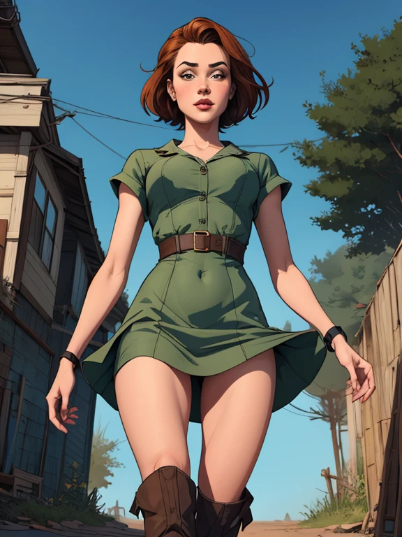 Personagem mulher estilo atompunk Fallout 4 cabelos pretos  atriz Ella Purnell com marcas de guerras Imagem de desenho animado de uma mulher .Ilustracaoo estilo desenho animado, estilo de arte dos desenhos animados, estilo de arte dos desenhos animados, digital illustration style, estilo atompunk design de personagens altamente detalhado, arte digital detalhada coragem,atriz Ella Purnell com cabelo preto e corpo esguio Forest fan art, Design de cabelos pretos personagens de retrato, beautiful digital illustration, retrato de alta qualidade, Arte em quadrinhos, s . Olhos delineados, medium bust and wonderful sexy clothes. image expression of sexual desire from waist to head illustration atompunk style Fallout 4 The perspective is from below, enfatizando a majestade e o poder da Gigante."actress Ella Purnell black hair a woman in a green dress and brown boots stands in front of a blue background, artegerm Bastante, Bastante. Arte Nova. abrigo sombrio, artegerm and lois van baarle, moebius + artegerm, alphonse Bastante and rossdraws, style artegerm, stanley artegerm lau, stanely a