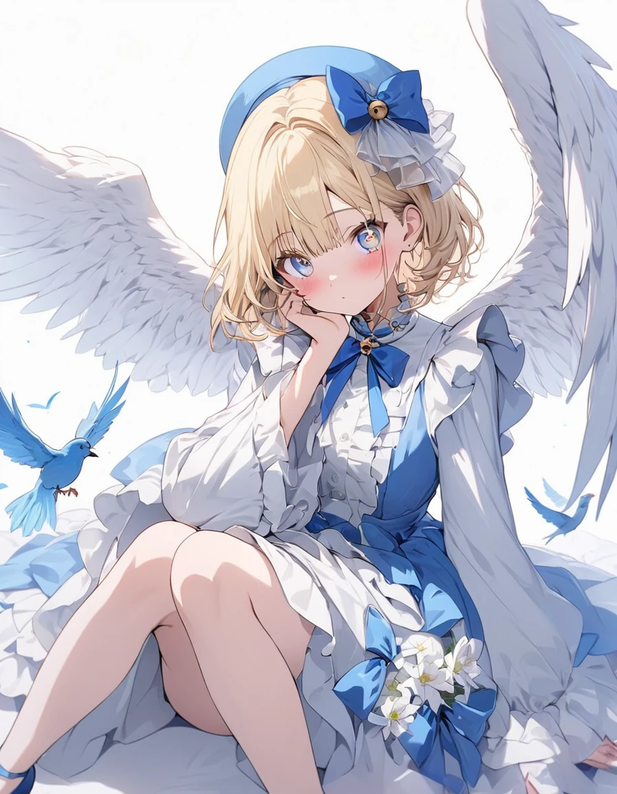 One girl, Blonde, White Background, Have, dress, Blue footwear, wing, Simple Background, sign, flower, Wide sleeves, Long sleeve, blush, animal, white flower, alone, whole body, bird, View your viewers, High heels, Put your hand on your cheek, put your hand on your face, Frills, bow, bangs, ribbon, Bell, Blue hat, +_+, shoes下, short hair, Grey Eyes, shoes, Blue Claws, feathered wing, blue bow、(highest quality、masterpiece、High resolution、detailed)、animeスタイル、Flat Style、(Beautiful Eyes, Delicate and beautiful face), BREAK,extremely detailed、anime