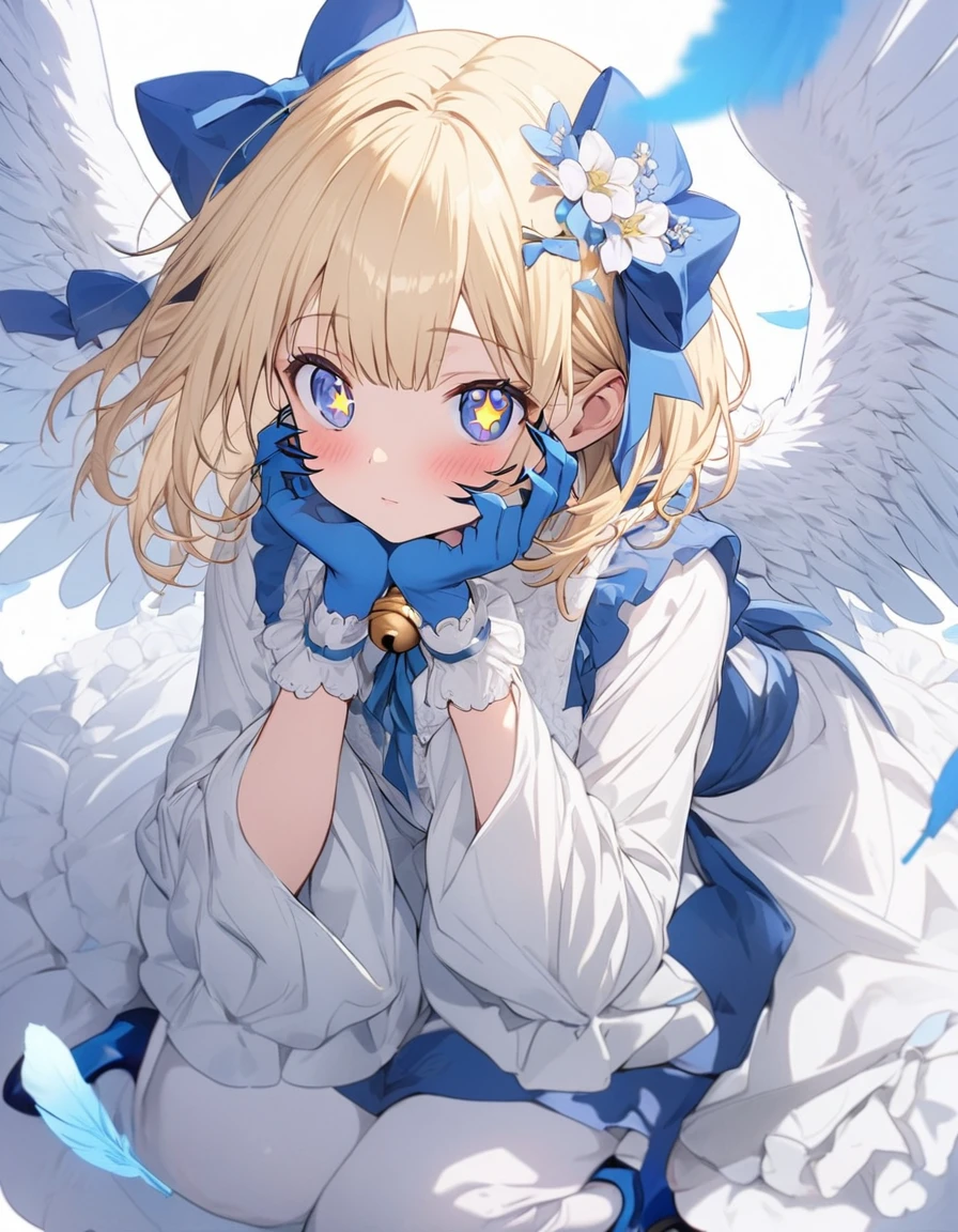 One girl, Blonde, White Background, Have, dress, Blue footwear, wing, Simple Background, sign, flower, Wide sleeves, Long sleeve, blush, animal, white flower, alone, whole body, bird, View your viewers, High heels, Put your hand on your cheek, put your hand on your face, Frills, bow, bangs, ribbon, Bell, Blue hat, +_+, shoes下, short hair, Grey Eyes, shoes, Blue Claws, feathered wing, blue bow、(highest quality、masterpiece、High resolution、detailed)、animeスタイル、Flat Style、(Beautiful Eyes, Delicate and beautiful face), BREAK,extremely detailed、anime