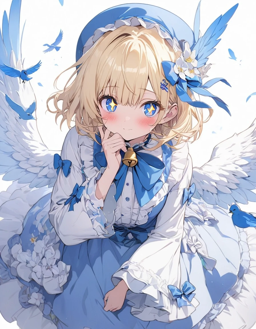One girl, Blonde, White Background, Have, dress, Blue footwear, wing, Simple Background, sign, flower, Wide sleeves, Long sleeve, blush, animal, white flower, alone, whole body, bird, View your viewers, High heels, Put your hand on your cheek, put your hand on your face, Frills, bow, bangs, ribbon, Bell, Blue hat, +_+, shoes下, short hair, Grey Eyes, shoes, Blue Claws, feathered wing, blue bow、(highest quality、masterpiece、High resolution、detailed)、animeスタイル、Flat Style、(Beautiful Eyes, Delicate and beautiful face), BREAK,extremely detailed、anime