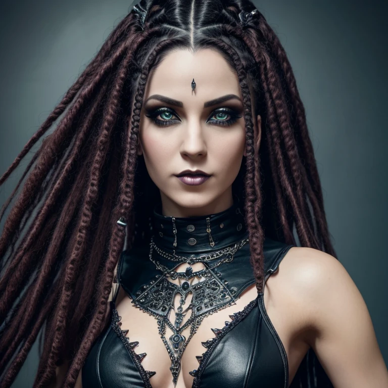 1 woman in gothic outfit, female, full body, 30 years old, pretty face, ultra detailed face and eyes, hyperrealistic, realistic representation, dancing through a streampunk city,  hairstyle dreadlocks