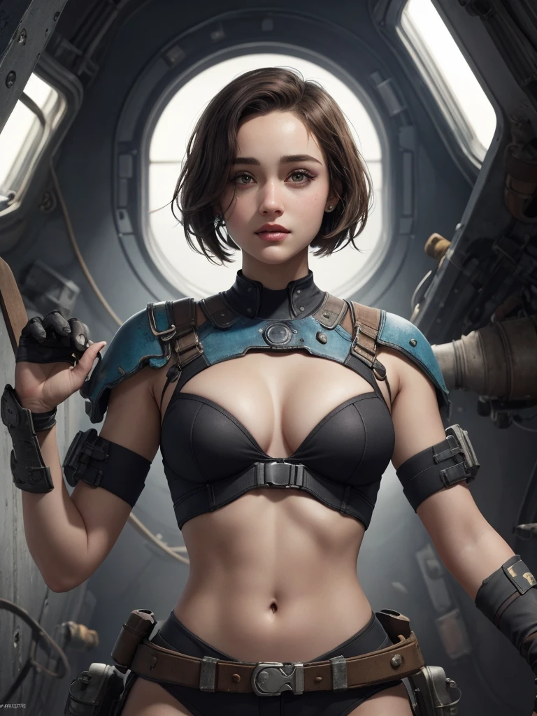 Personagem mulher estilo atompunk Fallout 4 cabelos pretos atriz Ella Purnell com marcas de guerras Imagem de desenho animado de uma mulher .Ilustracaoo estilo desenho animado, estilo de arte dos desenhos animados, estilo de arte dos desenhos animados, digital illustration style, estilo atompunk design de personagens altamente detalhado, arte digital detalhada coragem,atriz Ella Purnell com cabelo preto e corpo esguio Forest fan art, Design de cabelos pretos personagens de retrato, beautiful digital illustration, retrato de alta qualidade, Arte em quadrinhos, s . Olhos delineados, medium bust and wonderful sexy clothes. image expression of sexual desire from waist to head illustration atompunk style Fallout 4 The perspective is from below, enfatizando a majestade e o poder da Gigante."atriz Ella Purnell cabelos pretos