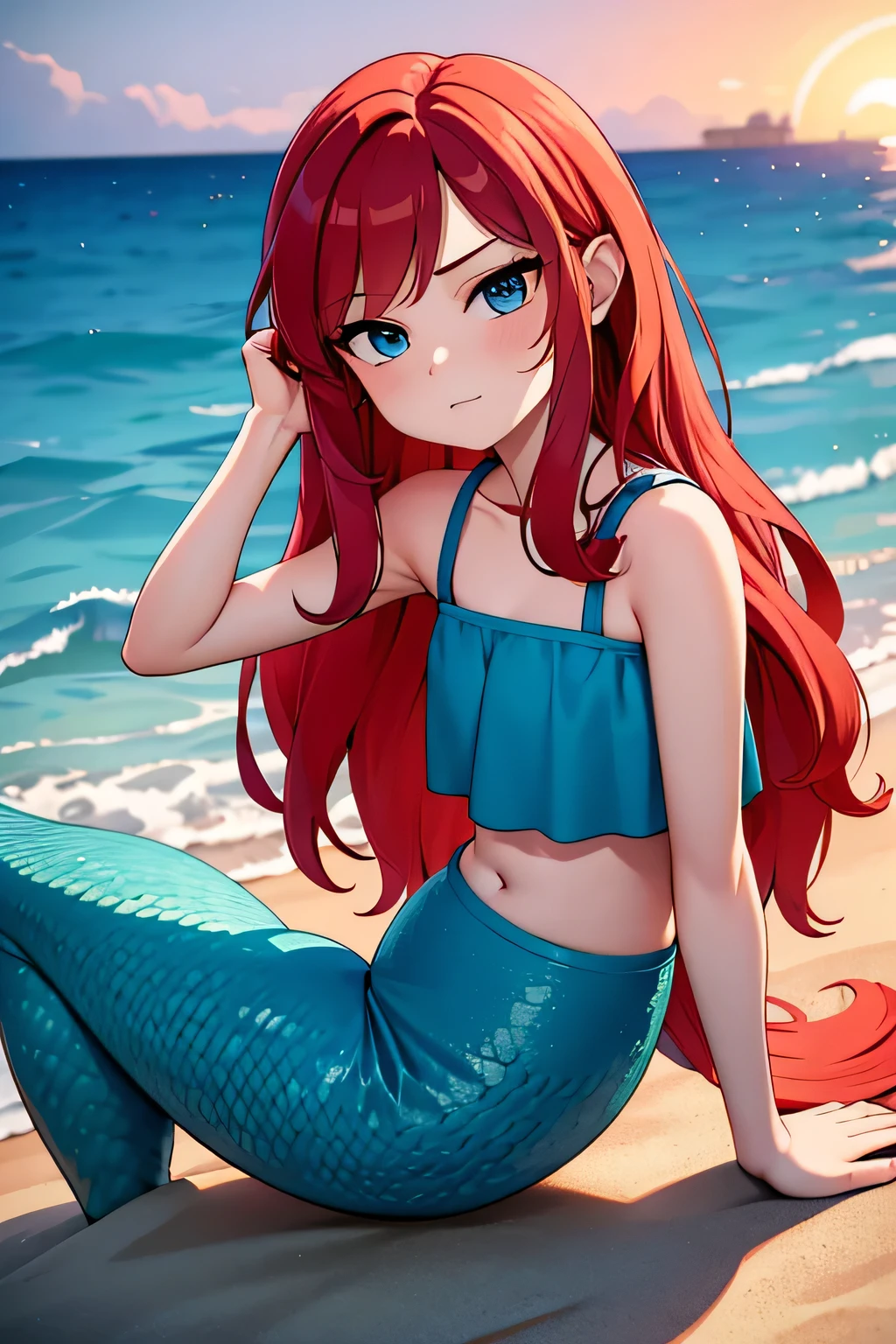 ruby 1 girl, Teenage, Long Red hair, Medium Hair, Blue eyes, bare shoulders, medium breast, aqua ruffle crop top, mermaid tail, tail fin, scales on the mermaid’s tail, mermaid sitting on the beach, over the sea, beautiful purple sunset at beach, Sexy, masterpiece, High quality. 2D illustration, 2D flat, sit down, Masterpiece, 8K, HDR, portrait, 