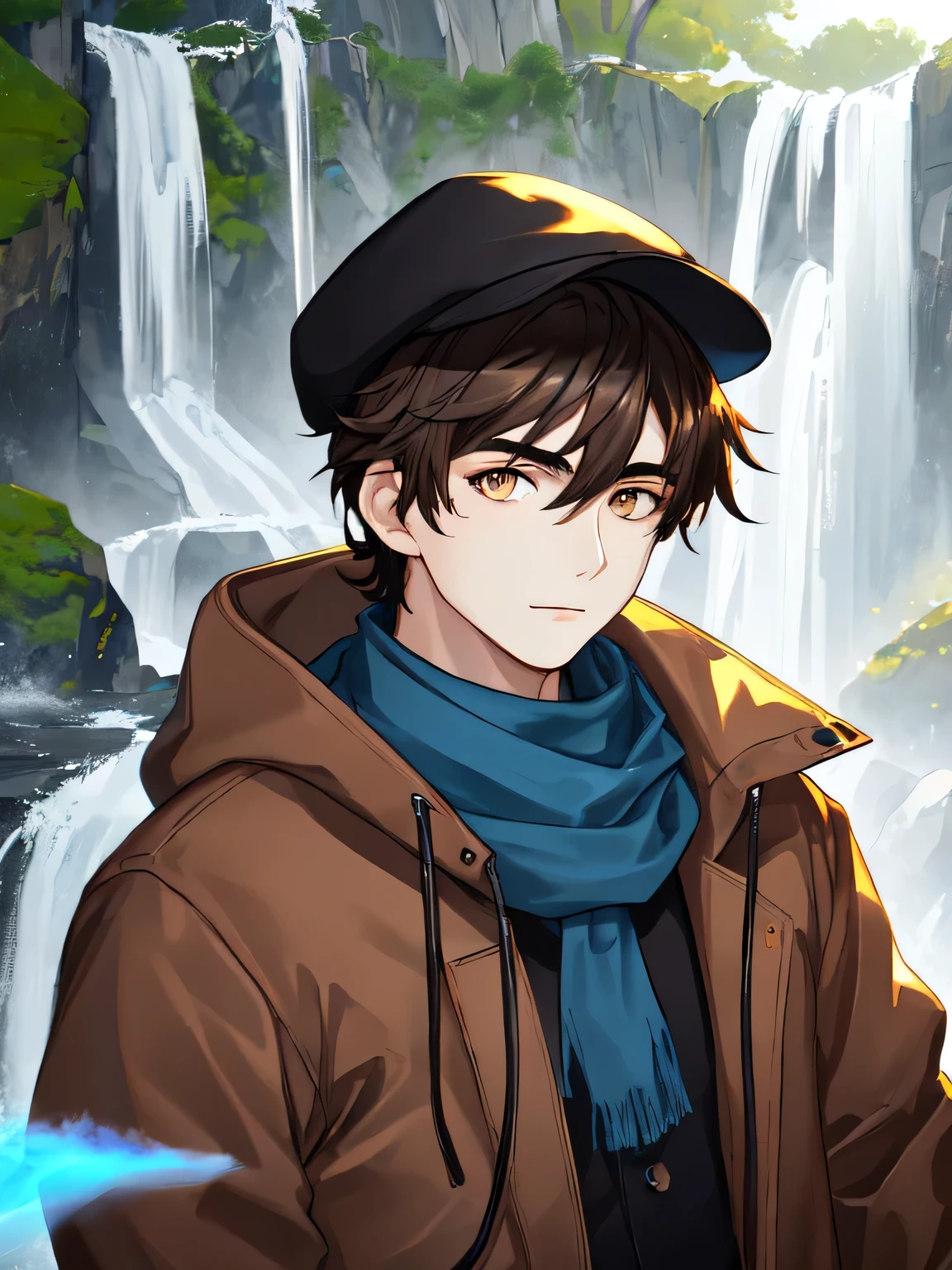 medium full shot portrait, 18-year-old boy, dark brown hair, brother flow style, brow eyes, brown jacket, gray sleeves, black gloves, black pants, beige cap, gray blue scarf, looking at viewer, solo, Waterfall background, rays of light, Digital art