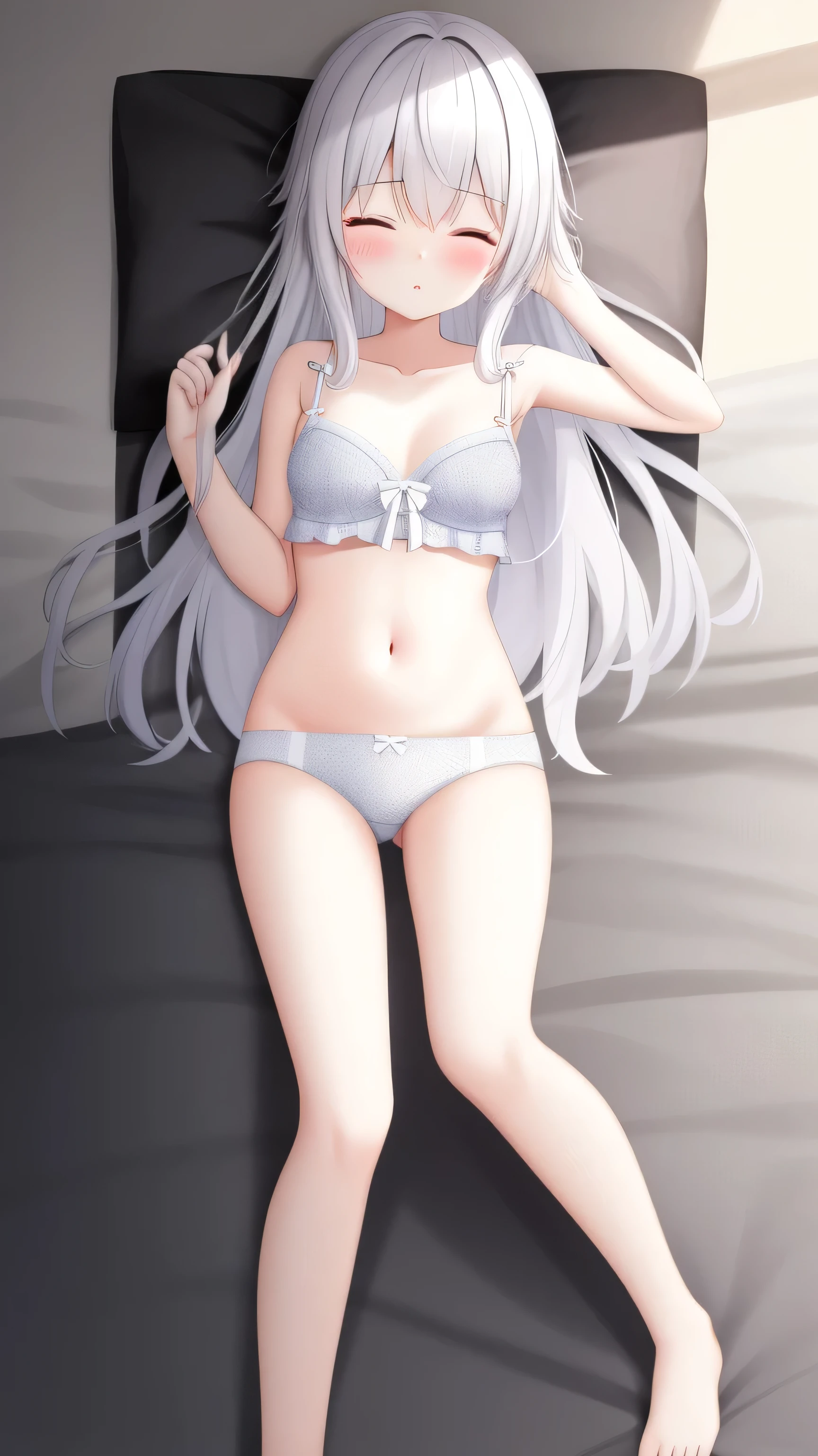 1 girl, underwear, White hair, thigh, White_underwear,, long_hair, Chest, White pajamas,Unbutton your pajamas,Open income,navel,Bare belly,Close your eyes,Close your eyes, exist_quit, In the bedroom, Hindquarters, Bangs, , blush,Lying on exist bed,White,,White,Full body female,Open your arms