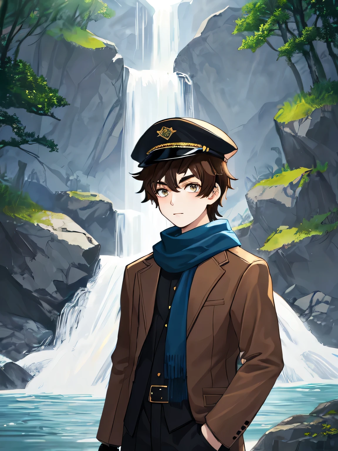 medium full shot portrait, 18-year-old boy, dark brown hair, brother flow style, brow eyes, brown jacket, gray sleeves, black gloves, black pants, beige cap, gray blue scarf, looking at viewer, solo, Waterfall background, rays of light, Digital art