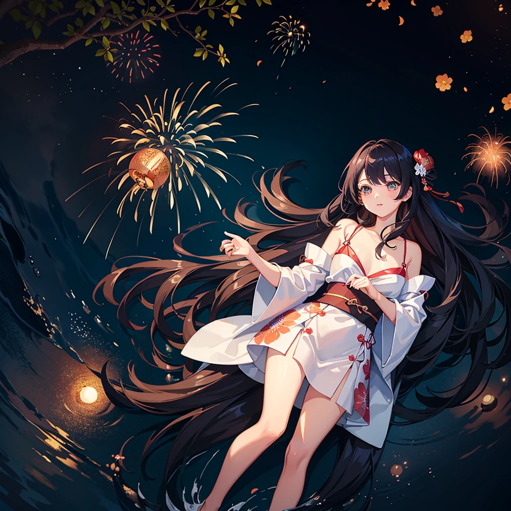 ultra-quality、Masterpiece、masutepiece、1girl in, Fireworks, during night, florals, Fireworks reflected on the surface of the lake、Beautiful girl beating Japanese drums under fireworks、Smooth long hair、 fullllbody、A mini dress that remakes a yukata with a Japanese pattern、Shoulder、