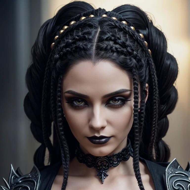 1 woman in gothic outfit, female, full body, 30 years old, pretty face, ultra detailed face and eyes, hyperrealistic, realistic representation, dancing through a streampunk city, hairstyle dreadlocks