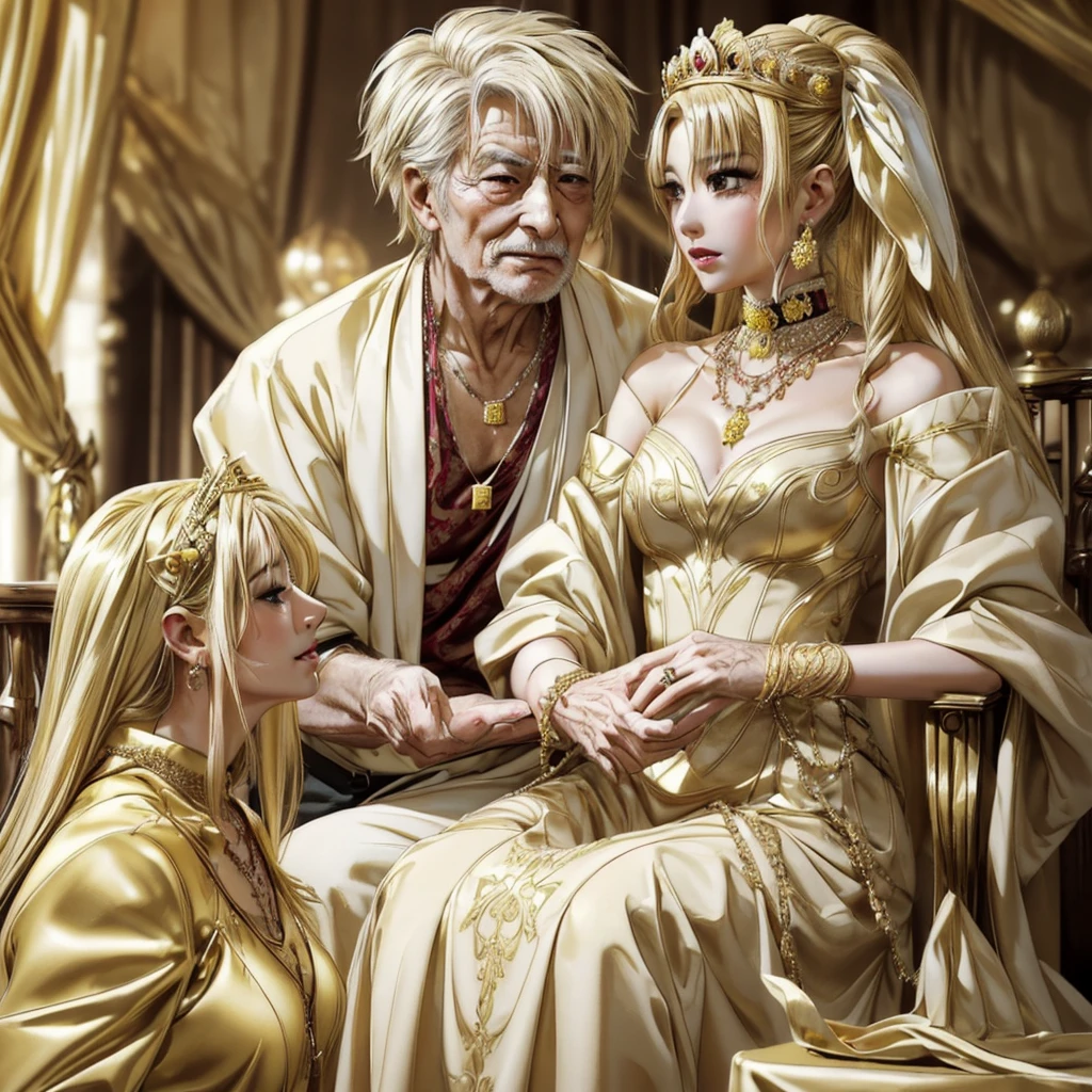 ((female１people、男1people))、((highest quality)), ((masterpiece)), (detailed), Perfect Face、Fate Testarossa、((femaleは金髪))、Gorgeous gold shiny dress、（Silk gloves）、Gorgeous engagement ring、((The king is an 80-year-old man.))（femaleは80歳男国王の愛妻）、Gold luxury jewellery accessories、Earrings、necklace、tiara、Bracelet、Waist Chain、（femaleと80歳男国王は結婚）、femaleは笑顔、((femaleと80歳男国王の結婚式))、((femaleと80歳男国王は結婚式で抱き合い誓いのキスをする))