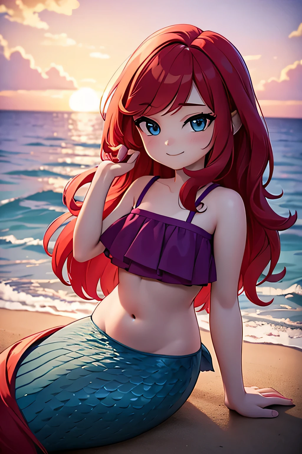 ruby 1 girl, Teenage, Long Red hair, Medium Hair, Blue eyes, bare shoulders, medium breast, aqua ruffle crop top, mermaid tail, scales on the mermaid’s tail, mermaid sitting on the beach, over the sea, beautiful purple sunset at beach, Sexy, masterpiece, High quality. 2D illustration, 2D flat, sit down, Masterpiece, 8K, HDR, portrait, smile