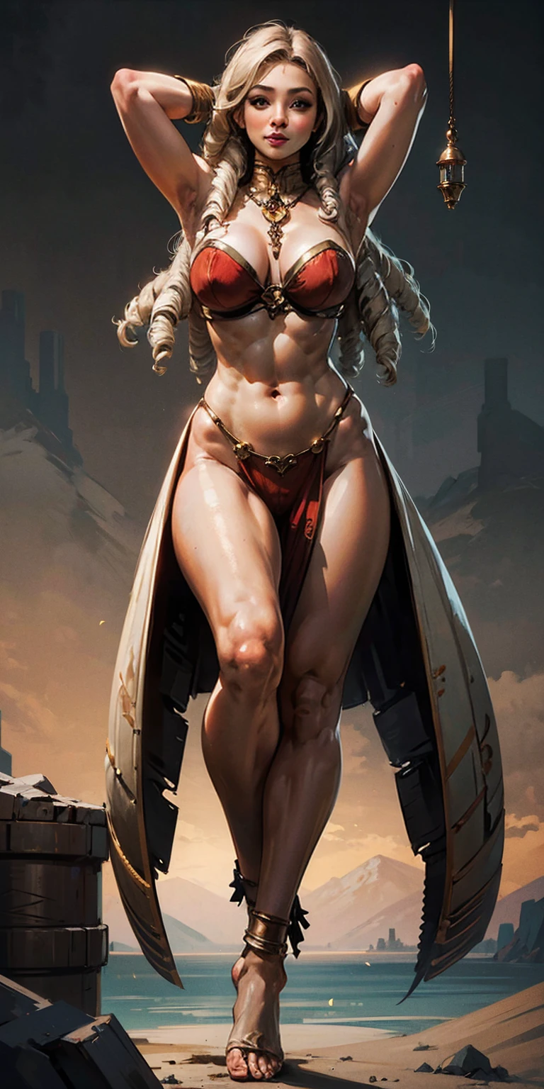 A mature juicy MILF BIMBO STANDING SYMMETRICAL pose on 2 legs foot focus anklets on knees, BAREFOOTED toes clenched foot soles, 1个Giant Breast Girl, The beautiful, perfect litthing, musculous, upper legs, a matural female, A MILF, navel, abs six packed strong, looking at the viewer, goddess, lustful smirking smile face red blushed, The chest is unusually large, maternal love, porcelain skin, very long hair, curlies, glossy skin, both hands behind head, shaved armpits