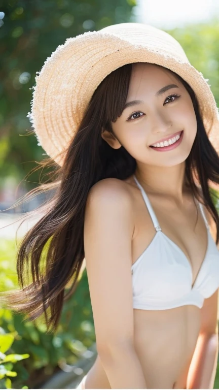 (Highest Resolution, 4K, masterpiece: 1.3), Japanese women, A photo of a woman, cute: 1.1, Beautiful Eyes,Symmetrical eyes,Big eyes, Slim figure, Realistic teeth, double eyelid, (whole body:1.3), highest quality, detailed, Long Hair, (Holding hair fluttering in the wind with your hands:1.2)、((White Bikini)), Beach,Beauty、cute、Laughter、((whole body、Slim legs:1.3))