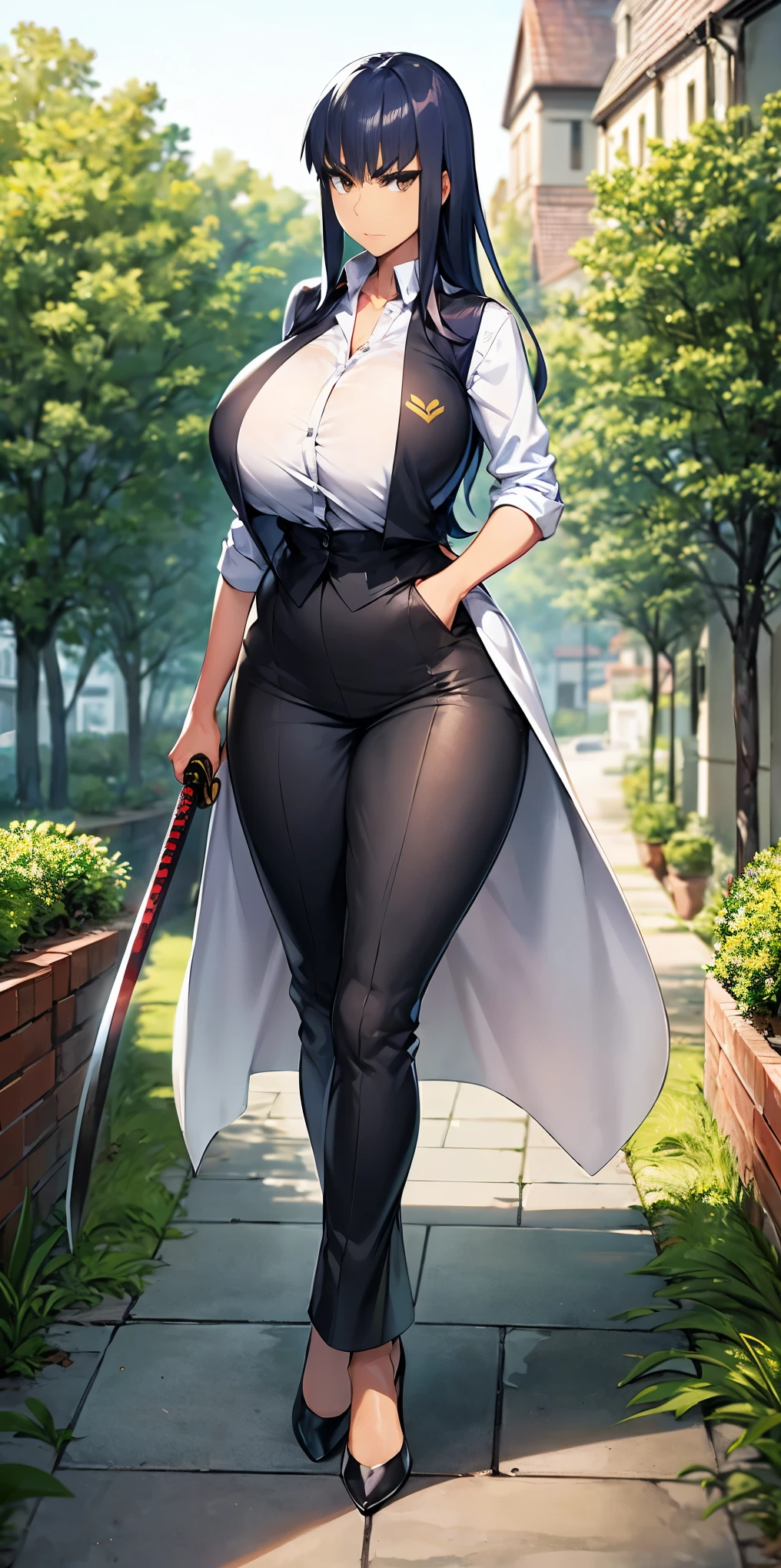 Satsuki Kiryuin from Kill-la-Kill, big breasts, voluminous breasts, curvy breasts, mesh stockings, standing with a katana, full height, bottom view, best quality, very detailed, ultra 8k resolution, huge breast, coat , vest, long skirt, portrait, full body, Victoria's clothing, long dress, knight, pants, black skin suit, medieval city, plants, vest, polo shirt, forest, long skirt