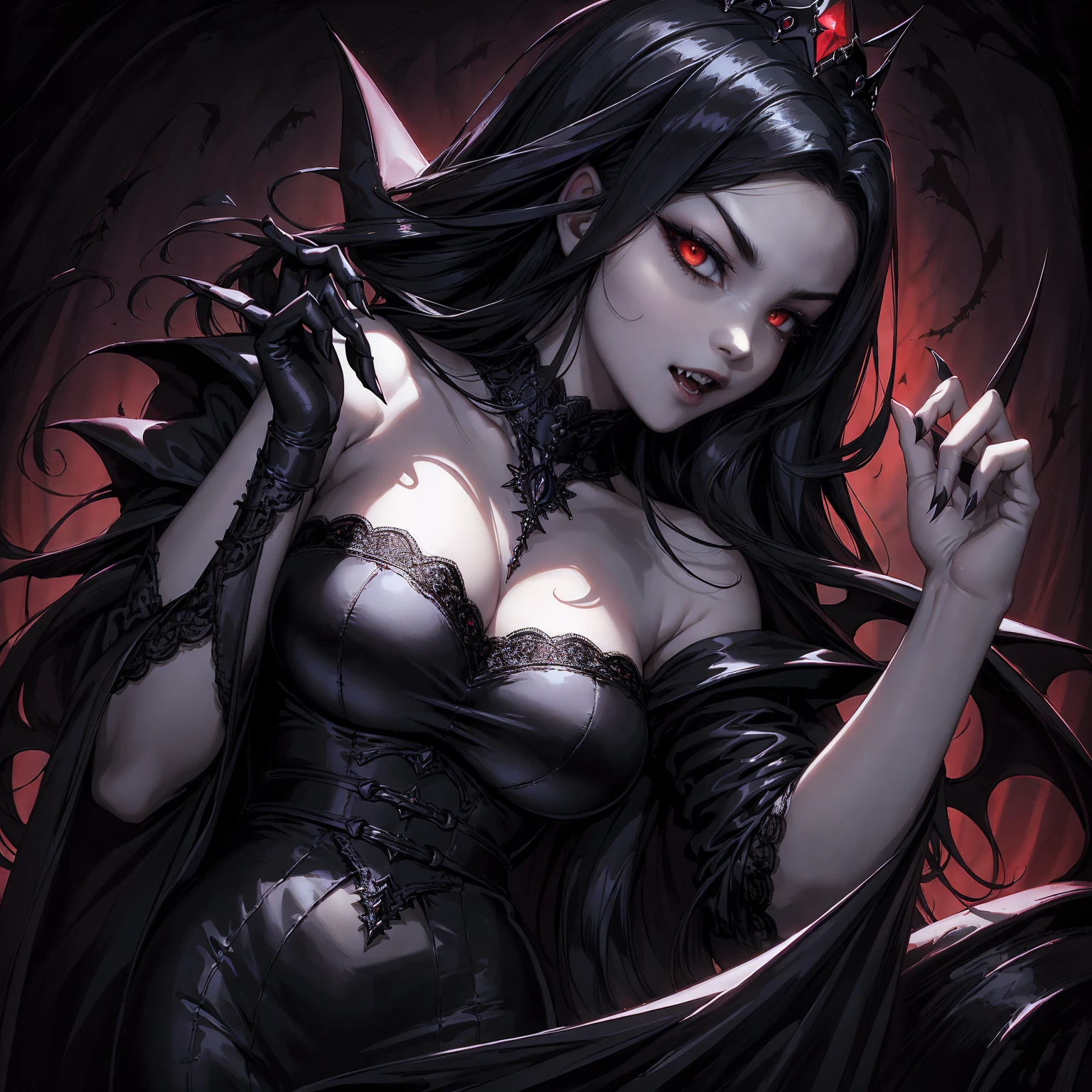 absurdres, ((stunning female Vampire))), goth Renaissance, (long black hair:1.erfect and detailed angular sharp oval shaped face, ((redeyes)), jewelry, red and black tetradic colors, full lips, gothic castle background, (solo), perfect anatomy, approaching perfection, ethereal, intricate details, ultra-high definition, 12k resolution, goth aesthetic, smooth, sharp focus, dreamy, glowing, backlit, glamour, glimmer, fantastical, shadows, smooth, Gothic crown,