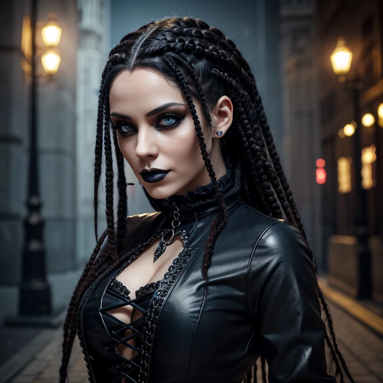 1 woman in gothic outfit, female, full body, 30 years old, pretty face, ultra detailed face and eyes, hyperrealistic, realistic representation, dancing through a streampunk city, hairstyle dreadlocks