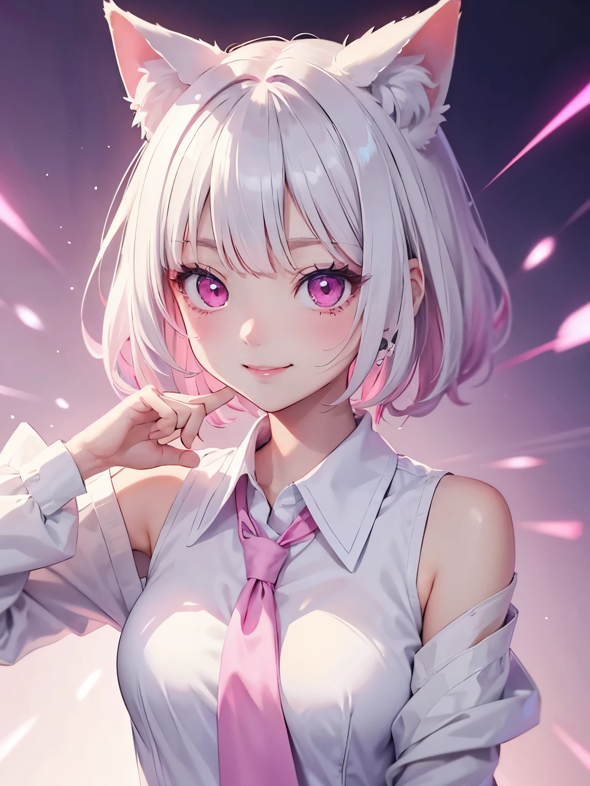 White hair. Short hair. Inner pink hair. Anime girl. Pink eyes. Glowing eyes. Nekomimi. Smiling. White clotes. Pink tie. Small breast.