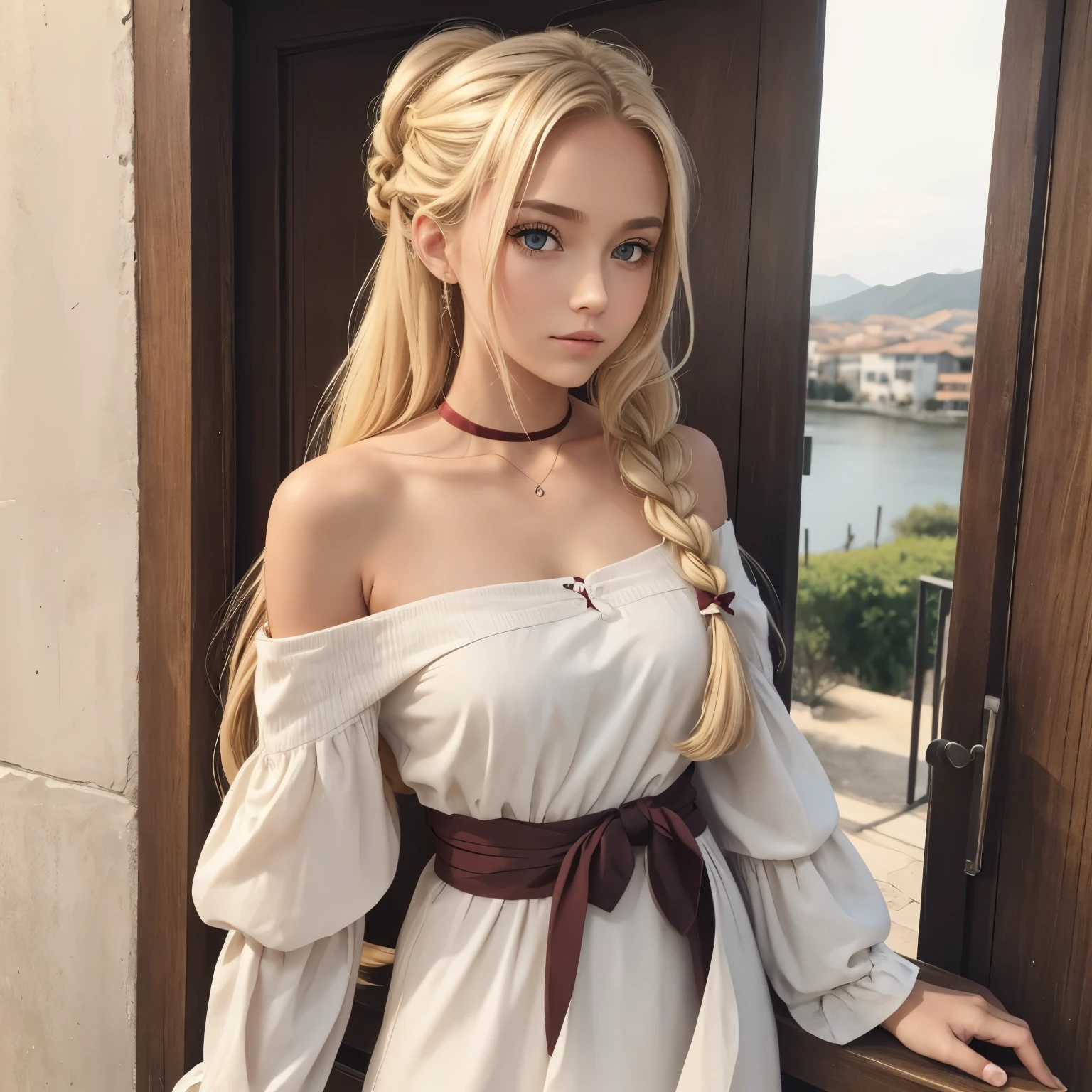 blonde girl, de 21 anos, long hair tied into a neat braid that started on the left and ended on the opposite shoulder. Wine bow securing the hair, combinando com o vestido rubro. Olhos acinzentados. Sem maquiagem, exceto batom vermelho.