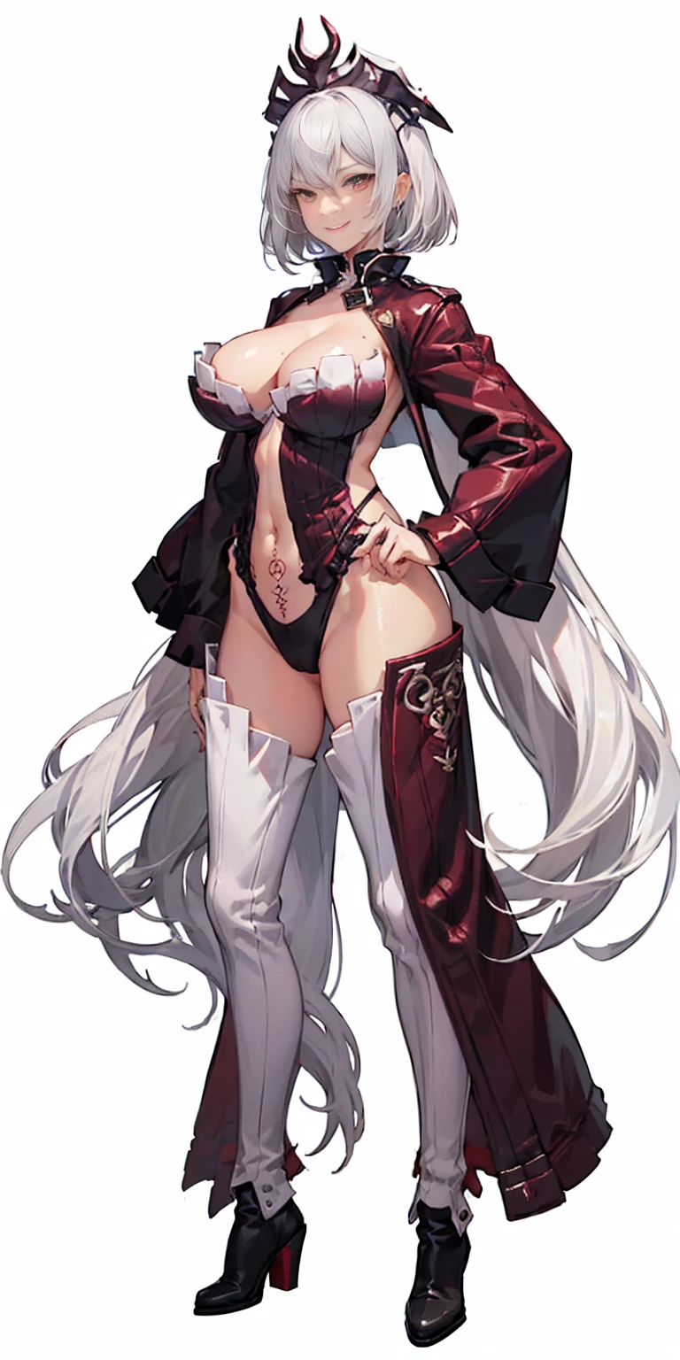 1woman full body toe to head, short bob hair, white hair, feet together, high boots, big breast big knockers, hands on hips, red tattoo on belly navel, lustful smirking smile face, WHITE background, RED CROTCH TATTOO UNDER BELLY NAVEL