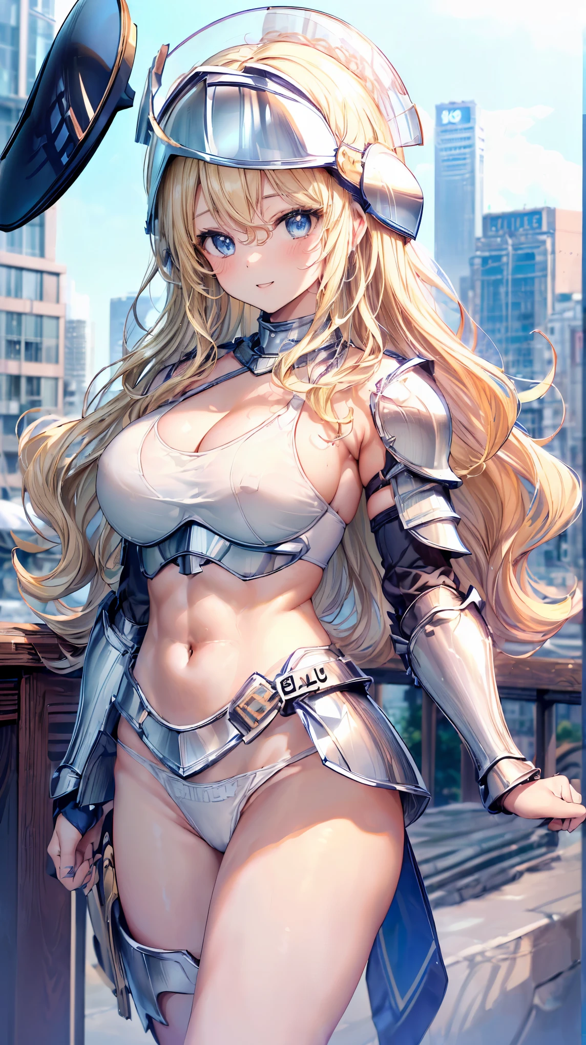 (Adult women:1.5)、Very detailed、highest quality、Best image quality、masterpiece、8k、Anime Face、A kind smile、Open your mouth、Sparkling blue eyes、(Blonde Wavy Hair:1.5)、、Muscles of the whole body、camisole、Thigh belt、mini skirt、(Wearing white bikini armor:1.5)、(Cowboy Shot:1.5)、(Leg armor:1.5)、(Wearing a helmet:1.5)