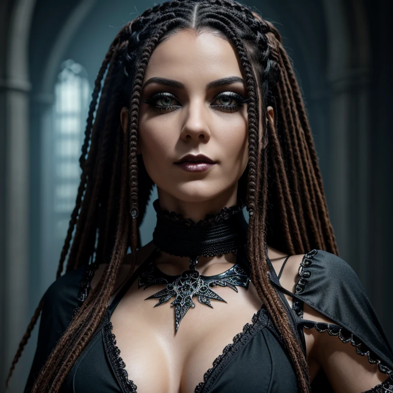 1 woman in gothic outfit, female, full body, 30 years old, pretty face, ultra detailed face and eyes, hyperrealistic, realistic representation, dancing through a streampunk city,  hairstyle dreadlocks