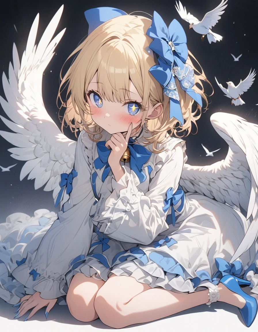 One girl, Blonde, White Background, Have, dress, Blue footwear, wing, Simple Background, sign, flower, Wide sleeves, Long sleeve, blush, animal, white flower, alone, whole body, bird, View your viewers, High heels, Put your hand on your cheek, put your hand on your face, Frills, bow, bangs, ribbon, Bell, Blue hat, +_+, shoes下, short hair, Grey Eyes, shoes, Blue Claws, feathered wing, blue bow、(highest quality、masterpiece、High resolution、detailed)、animeスタイル、Flat Style、(Beautiful Eyes, Delicate and beautiful face), BREAK,extremely detailed、anime