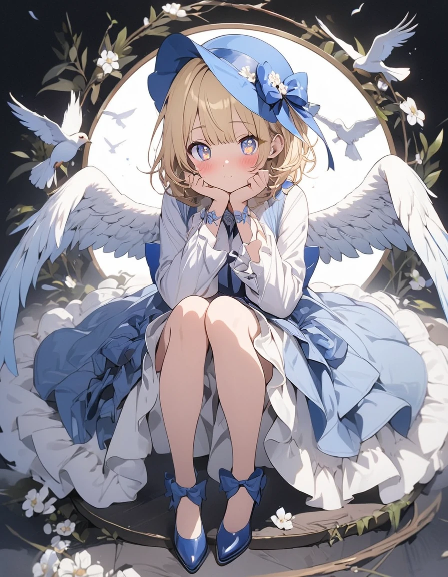 One girl, Blonde, White Background, Have, dress, Blue footwear, wing, Simple Background, sign, flower, Wide sleeves, Long sleeve, blush, animal, white flower, alone, whole body, bird, View your viewers, High heels, Put your hand on your cheek, put your hand on your face, Frills, bow, bangs, ribbon, Bell, Blue hat, +_+, shoes下, short hair, Grey Eyes, shoes, Blue Claws, feathered wing, blue bow、(highest quality、masterpiece、High resolution、detailed)、animeスタイル、Flat Style、(Beautiful Eyes, Delicate and beautiful face),  BREAK,extremely detailed、anime