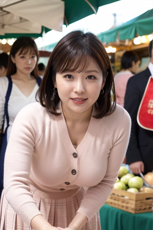 (Na Matsushima々 :1.2)、((45 years old))、((beautiful japanese mature))、japanese woman、alone、((leaning forward:1.3))、(sharp focus :1.4)、(Chubby body type)、My cheeks turned red、(laugh shyly:1.15)、nasolabial folds、white skin、the charm of sex、absurd、((big and soft breasts))、(Breast bulge accentuated through clothes:1.3)、 ((loose cheerleader uniform))、 Browse down、cheerleader costume、 ((((look at the camera))))、(Shopping at the morning market:1.5)、look at the audience、超A high resolution、High resolution、High level image quality、In 8K、realistic pictures、real live action、Raw photography、Raw photo、highest quality、masterpiece、table top、very nice、only、beautiful feces、（Photoreal：1.37）、photon mapping、realistic、Physics-based only dulling、written boundary depth、blurred background、