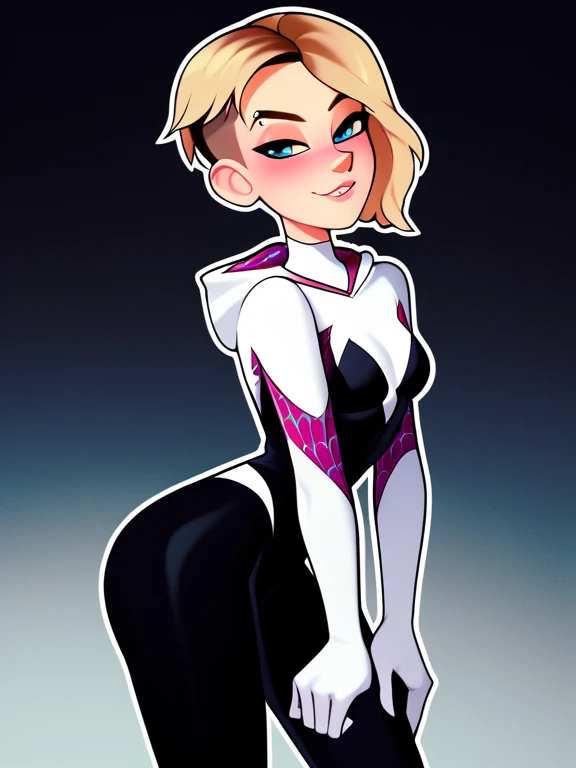 score_9, score_8_up, score_7_up, score_6_up, score_5_up, score_4_up,
BREAK
1girl, gwen stacy, light blue eyes, shaved head, blonde hair, short hair, asymmetrical hair, black eyeliner, seductive smile, smugm, eyebrow piercing, half-closed eyes, blush, adult,
BREAK
solo, standing, leaning forward, arched back, small breasts, bodysuit, spider-gwen, black leggings, skinny,
BREAK
black background,