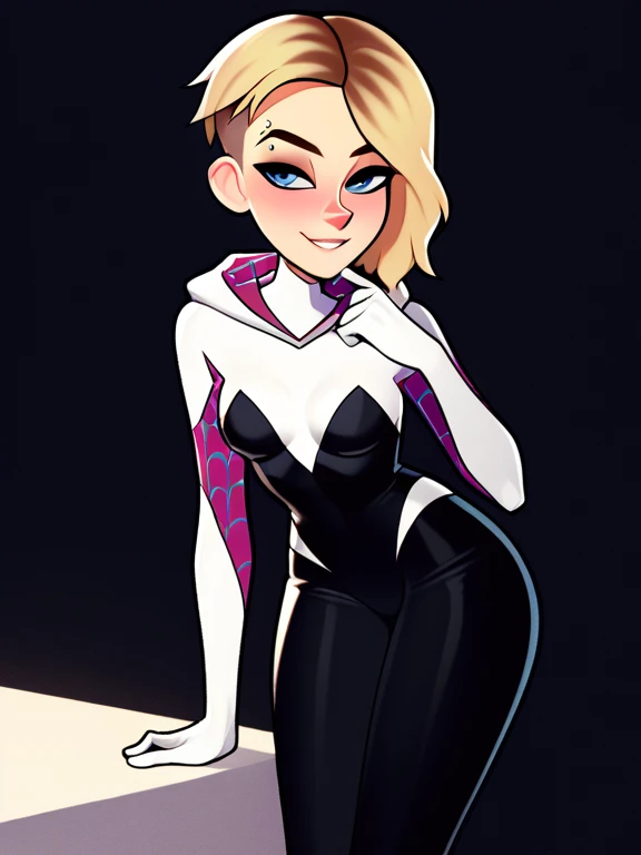 score_9, score_8_up, score_7_up, score_6_up, score_5_up, score_4_up,
BREAK
1girl, gwen stacy, light blue eyes, shaved head, blonde hair, short hair, asymmetrical hair, black eyeliner, seductive smile, smugm, eyebrow piercing, half-closed eyes, blush, adult,
BREAK
solo, standing, leaning forward, arched back, small breasts, bodysuit, spider-gwen, black leggings, skinny,
BREAK
black background, 