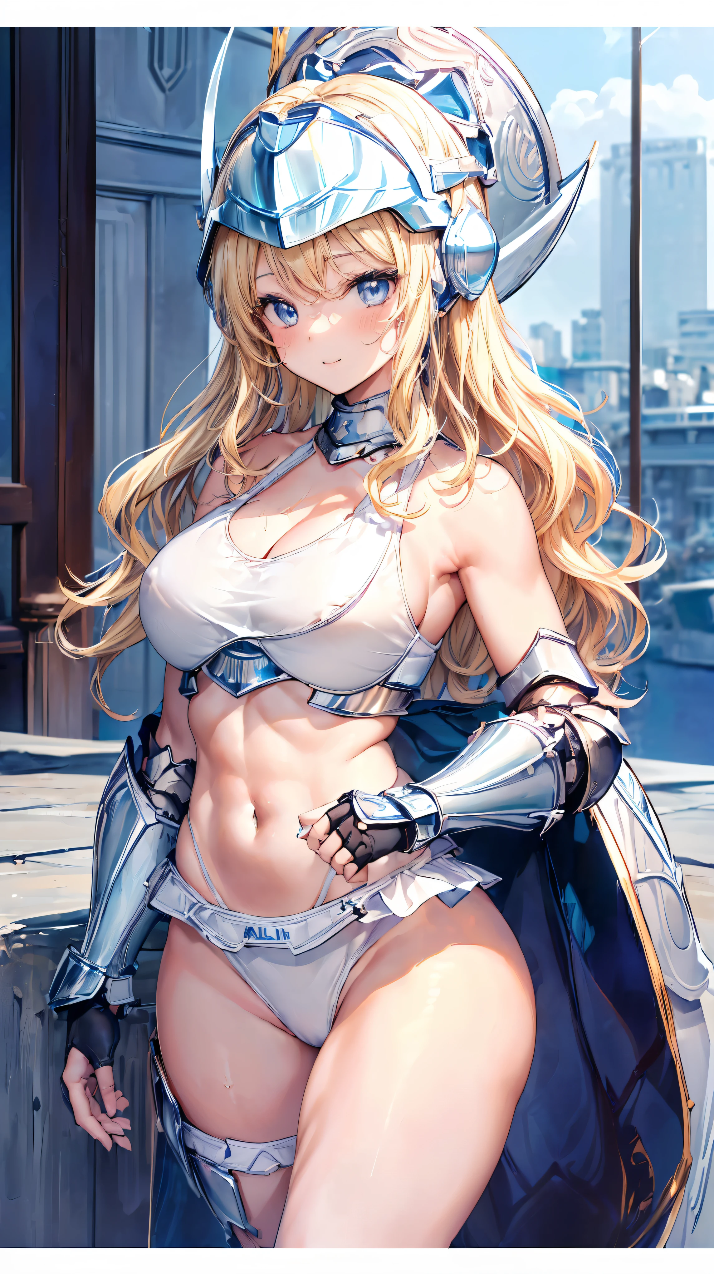 (Adult women:1.5)、Very detailed、highest quality、Best image quality、masterpiece、8k、Anime Face、A kind smile、Open your mouth、Sparkling blue eyes、(Blonde Wavy Hair:1.5)、、Muscles of the whole body、camisole、Thigh belt、mini skirt、(Wearing white bikini armor:1.5)、(Cowboy Shot:1.5)、(Leg armor:1.5)、(Wearing a helmet:1.5)
