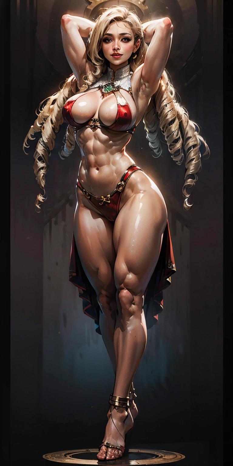 A mature juicy MILF BIMBO STANDING SYMMETRICAL pose on 2 legs foot focus anklets on knees, BAREFOOTED toes clenched foot soles, 1个Giant Breast Girl, The beautiful, perfect litthing, musculous, upper legs, a matural female, A MILF, navel, abs six packed strong, looking at the viewer, goddess, lustful smirking smile face red blushed, The chest is unusually large, maternal love, porcelain skin, very long hair, curlies, glossy skin, both hands behind head, shaved armpits