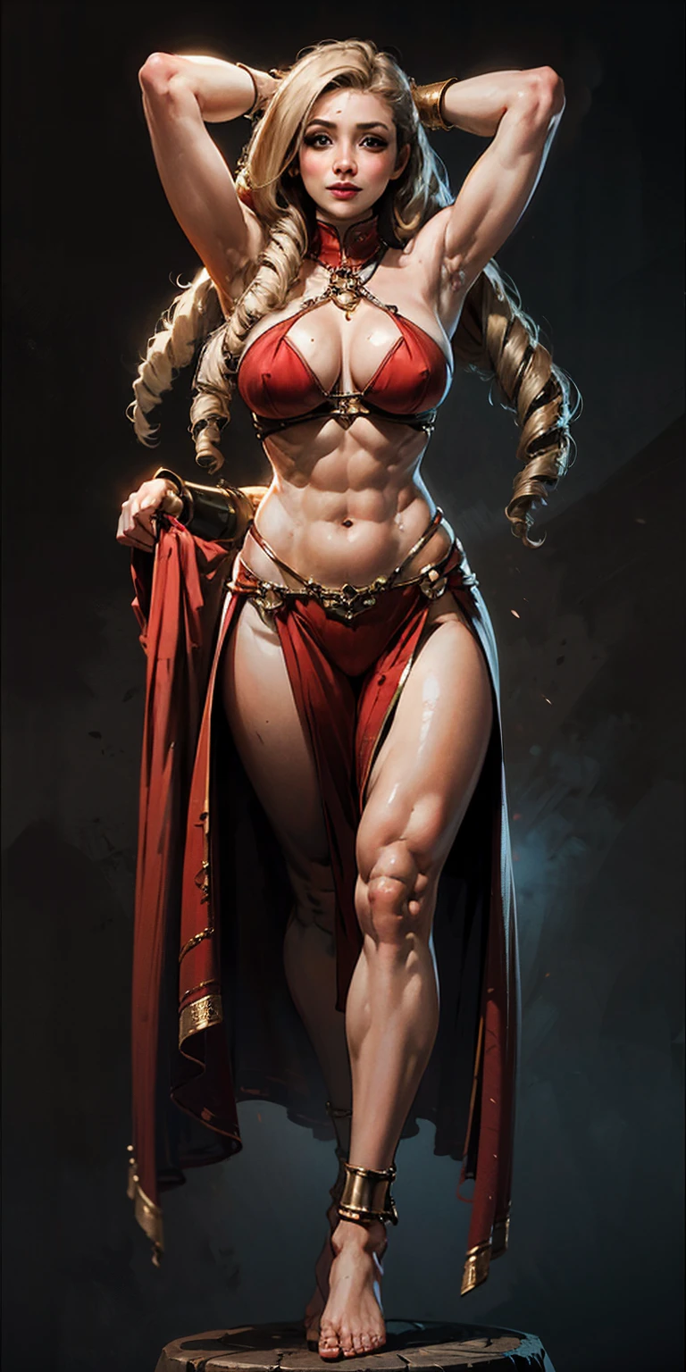 A mature juicy MILF BIMBO STANDING SYMMETRICAL pose on 2 legs foot focus anklets on knees, BAREFOOTED toes clenched foot soles, 1个Giant Breast Girl, The beautiful, perfect litthing, musculous, upper legs, a matural female, A MILF, navel, abs six packed strong, looking at the viewer, goddess, lustful smirking smile face red blushed, The chest is unusually large, maternal love, porcelain skin, very long hair, curlies, glossy skin, both hands behind head, shaved armpits